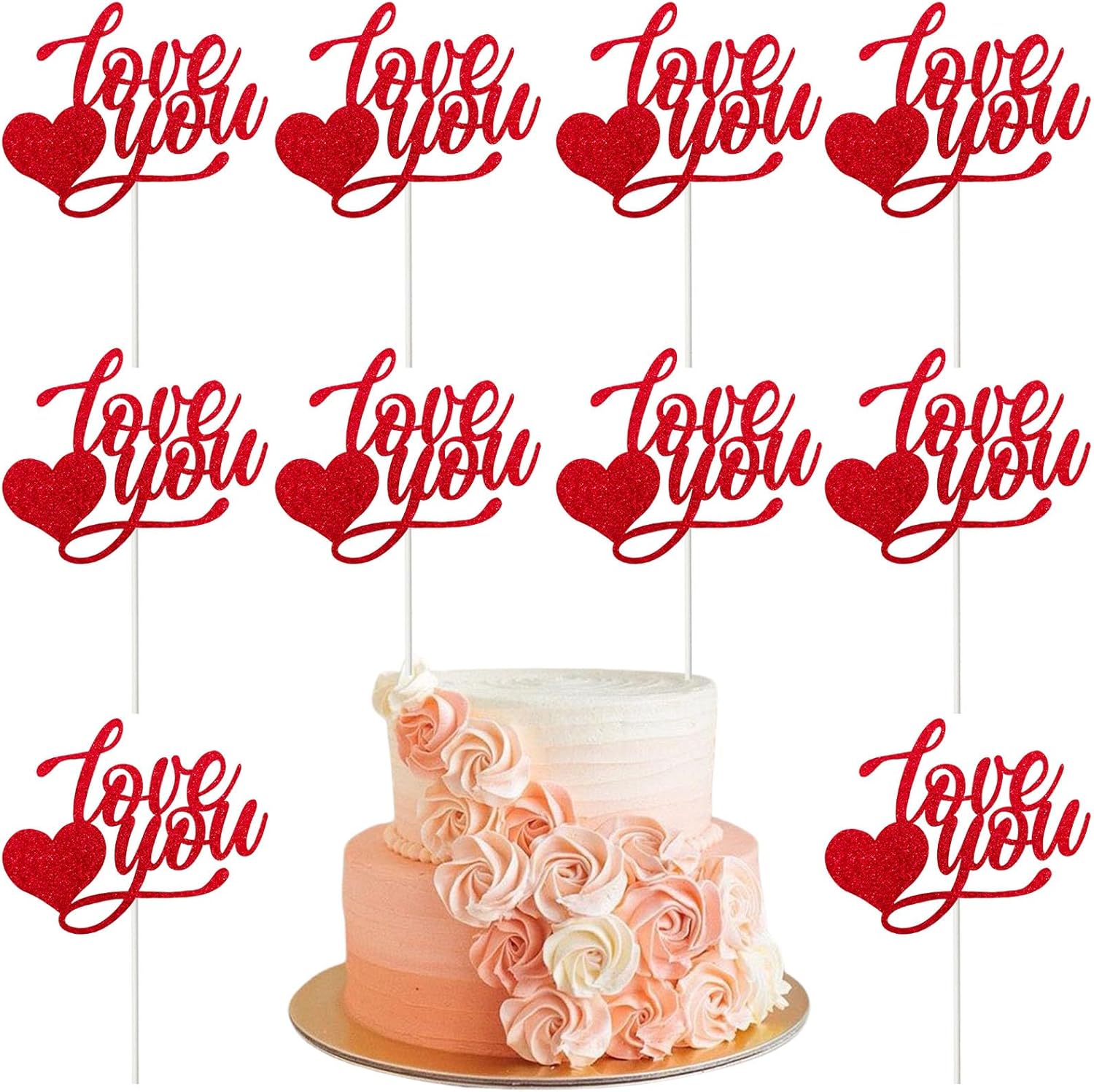 Valentines Cake Toppers Red Cake Topper Glitter "Love You" Cake Toppers Birthday Wedding Cake Decoration for Valentine's Day Birthday Wedding Party 10pcs