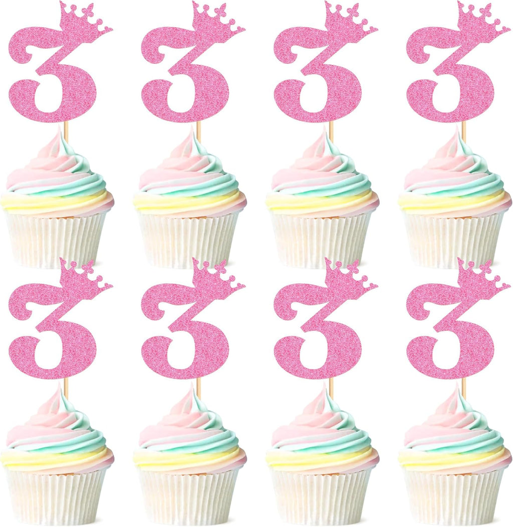 Ercadio 24 Pack Number 3 Cupcake Topper 3rd Birthday Cupcake Picks Glitter Pink Crown Cupcake Decorration Cheers to 3 Anniversary for Baby Shower Weeding Princess Girl Party Cake Supplies
