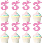 Ercadio 24 Pack Number 3 Cupcake Topper 3rd Birthday Cupcake Picks Glitter Pink Crown Cupcake Decorration Cheers to 3 Anniversary for Baby Shower Weeding Princess Girl Party Cake Supplies