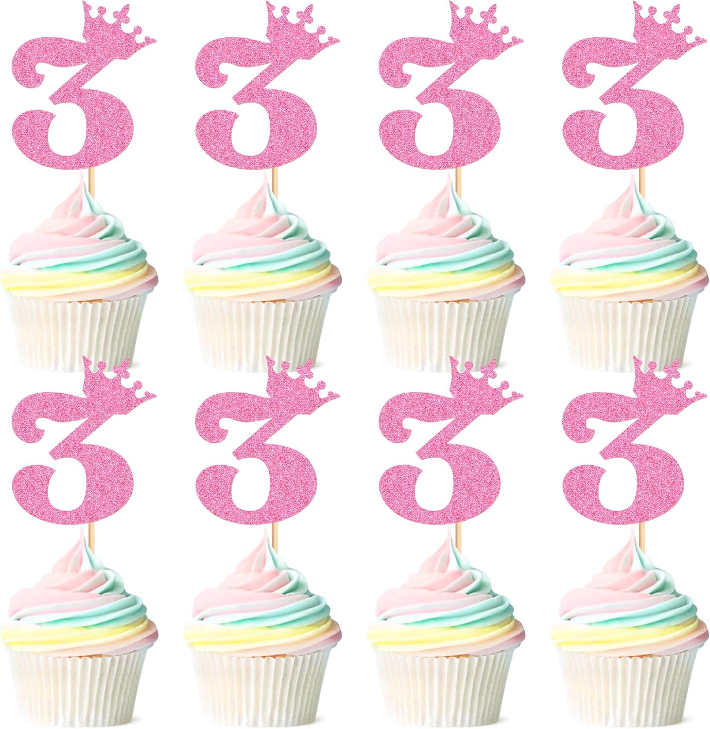 Ercadio 24 Pack Number 3 Cupcake Topper 3rd Birthday Cupcake Picks Glitter Pink Crown Cupcake Decorration Cheers to 3 Anniversary for Baby Shower Weeding Princess Girl Party Cake Supplies