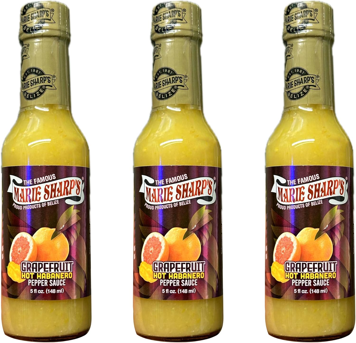Marie Sharp’s Grapefruit Hot Habanero Pepper Sauce, 5 oz | Belizean Hot Sauce with Fresh Grapefruit & Habanero Peppers | Tangy Citrus Heat | All-Natural, No Preservatives [Pack of 3]