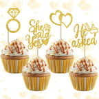 BEISHIDA He Asked She Said Yes Cupcake Toppers, 24 Pcs Engagement Cupcake Toppers Glitter Diamond Ring Heart Cupcake Picks for Wedding Engagement Bridal Shower Party Cake Decorations(Gold)