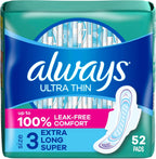 Always Ultra Thin Feminine Pads with Wings for Women, Size 3, Extra Long Super Absorbency, Unscented, Up to 100% Leak-Free Protection, 52 Count