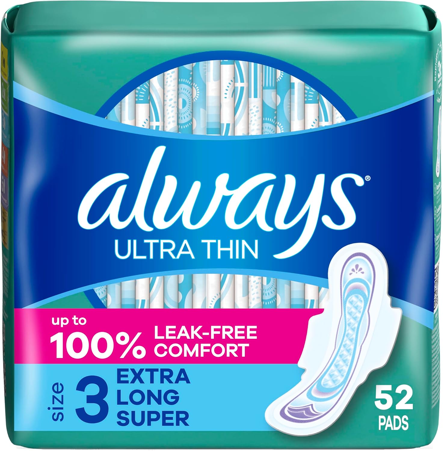 Always Ultra Thin Feminine Pads with Wings for Women, Size 3, Extra Long Super Absorbency, Unscented, Up to 100% Leak-Free Protection, 52 Count