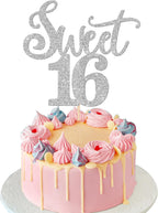 Rsstarxi 1 Pack 16th Birthday Cake Topper Glitter Sixteen Sweet 16 Cake Pick Cheers to 16 Years Sweet 16 Birthday Cake Decorations for Hello 16th Birthday Anniversary Party Decors Silver