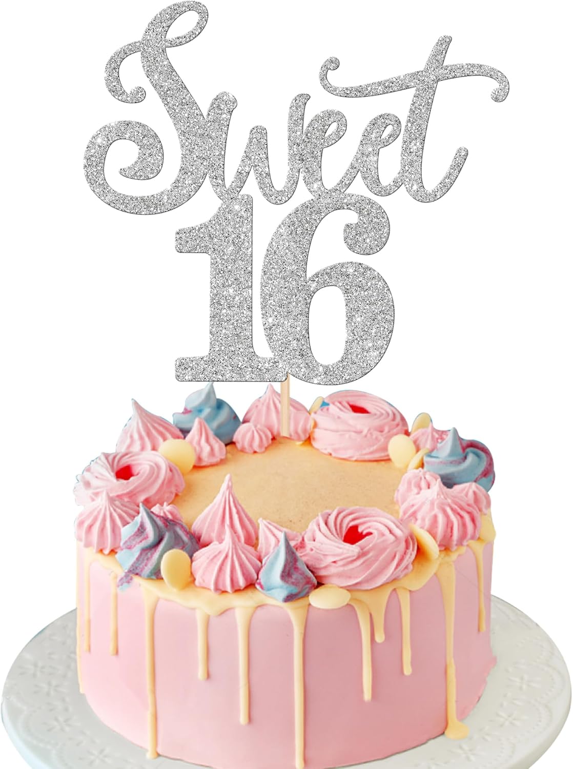 Rsstarxi 1 Pack 16th Birthday Cake Topper Glitter Sixteen Sweet 16 Cake Pick Cheers to 16 Years Sweet 16 Birthday Cake Decorations for Hello 16th Birthday Anniversary Party Decors Silver