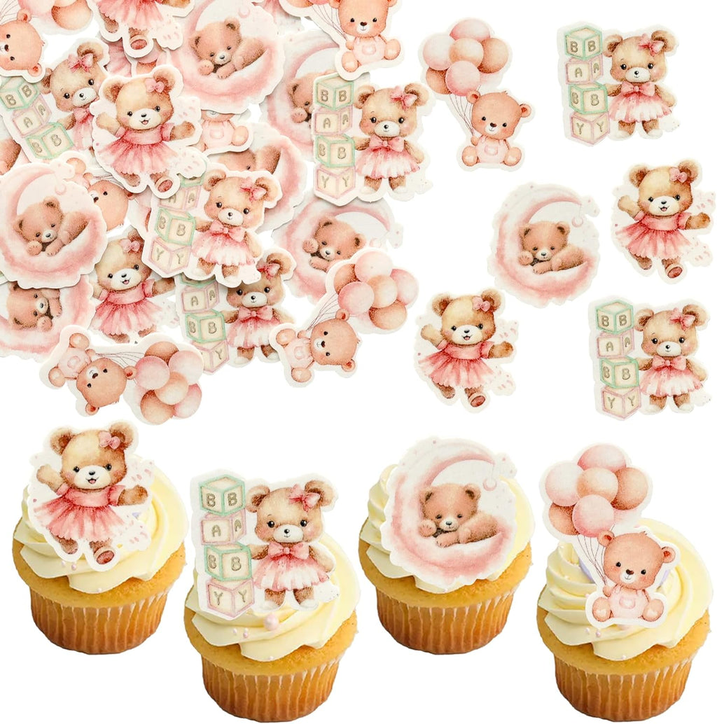 Gyufise 48Pcs Edible Baby Bear Cupcake Toppers - Wafer Paper Moon Bear - Baby Shower Cake Topper Decorations - Jungle Animal Theme - Pink