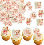 Gyufise 48Pcs Edible Baby Bear Cupcake Toppers - Wafer Paper Moon Bear - Baby Shower Cake Topper Decorations - Jungle Animal Theme - Pink