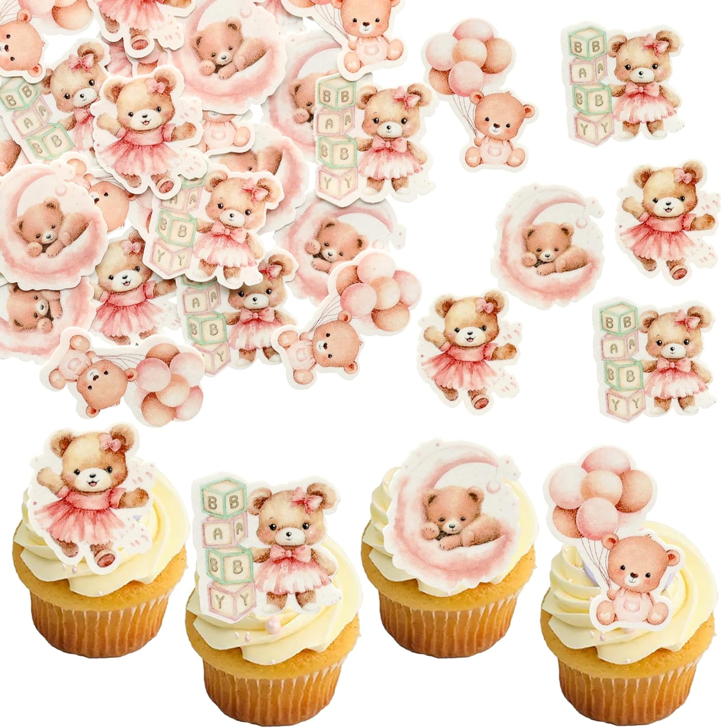 Gyufise 48Pcs Edible Baby Bear Cupcake Toppers - Wafer Paper Moon Bear - Baby Shower Cake Topper Decorations - Jungle Animal Theme - Pink