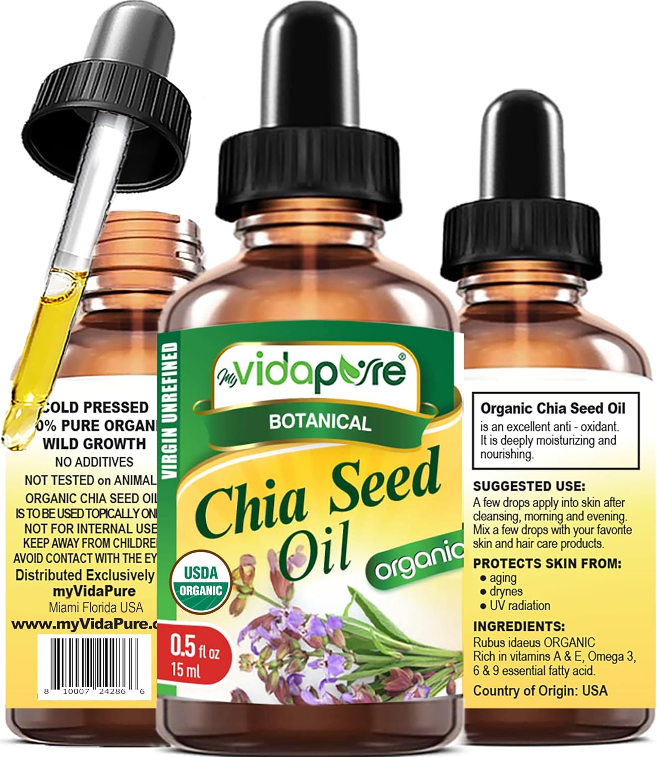 MYVIDAPURE Organic CHIA SEED OIL Certified Organic 100% Natural Pure VIRGIN UNREFINED Undiluted Cold Pressed Carrier Oil for Face Skin Body Hair Lip Nails Anti-Aging Rich in Vitamin E (0.5 Fl Oz)