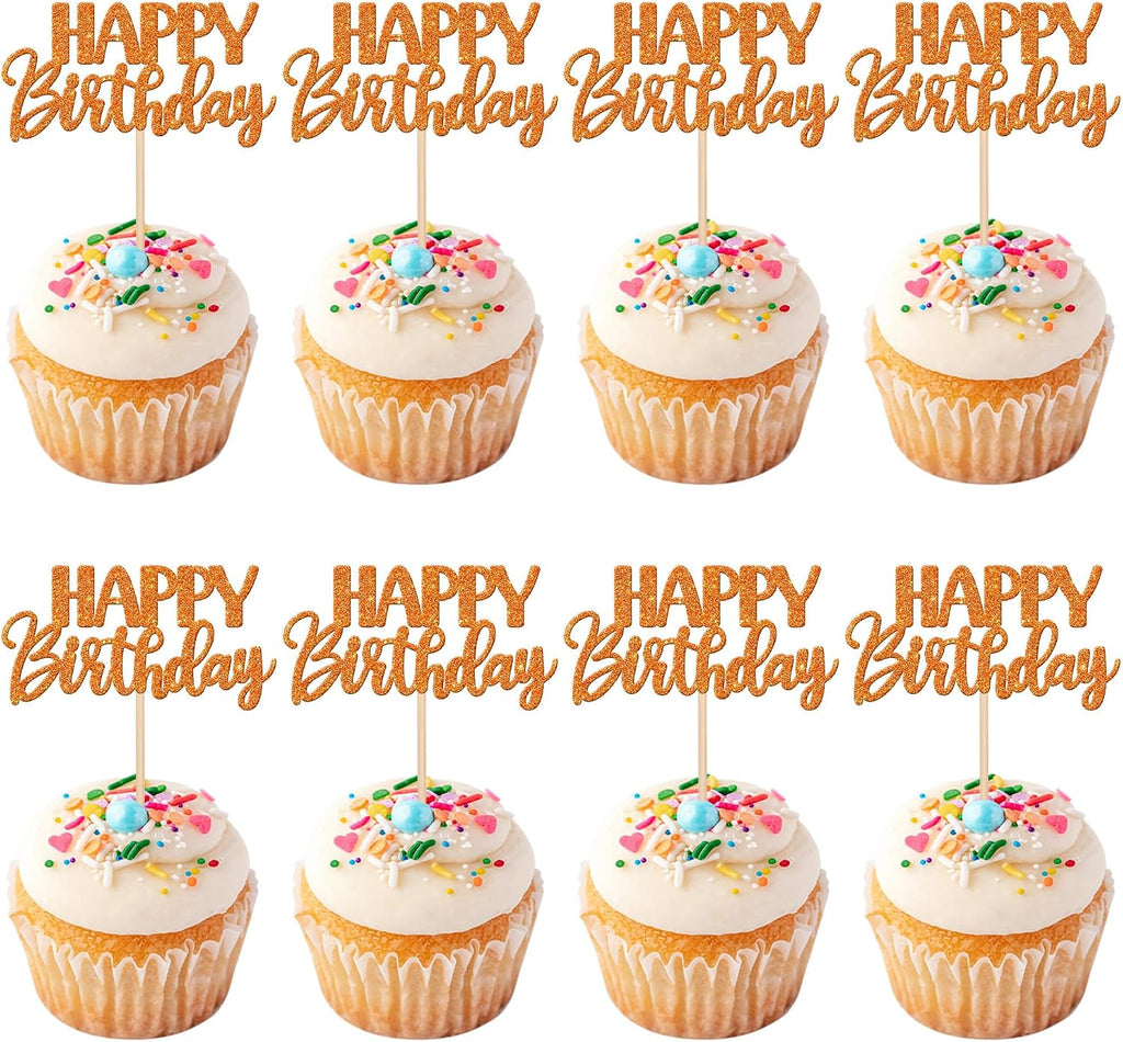 30 PCS Happy Birthday Cupcake Toppers Glitter Happy Birthday Cupcake Picks for Celebrating Birthday Anniversary Theme Party Cake Decorations Supplies Orange
