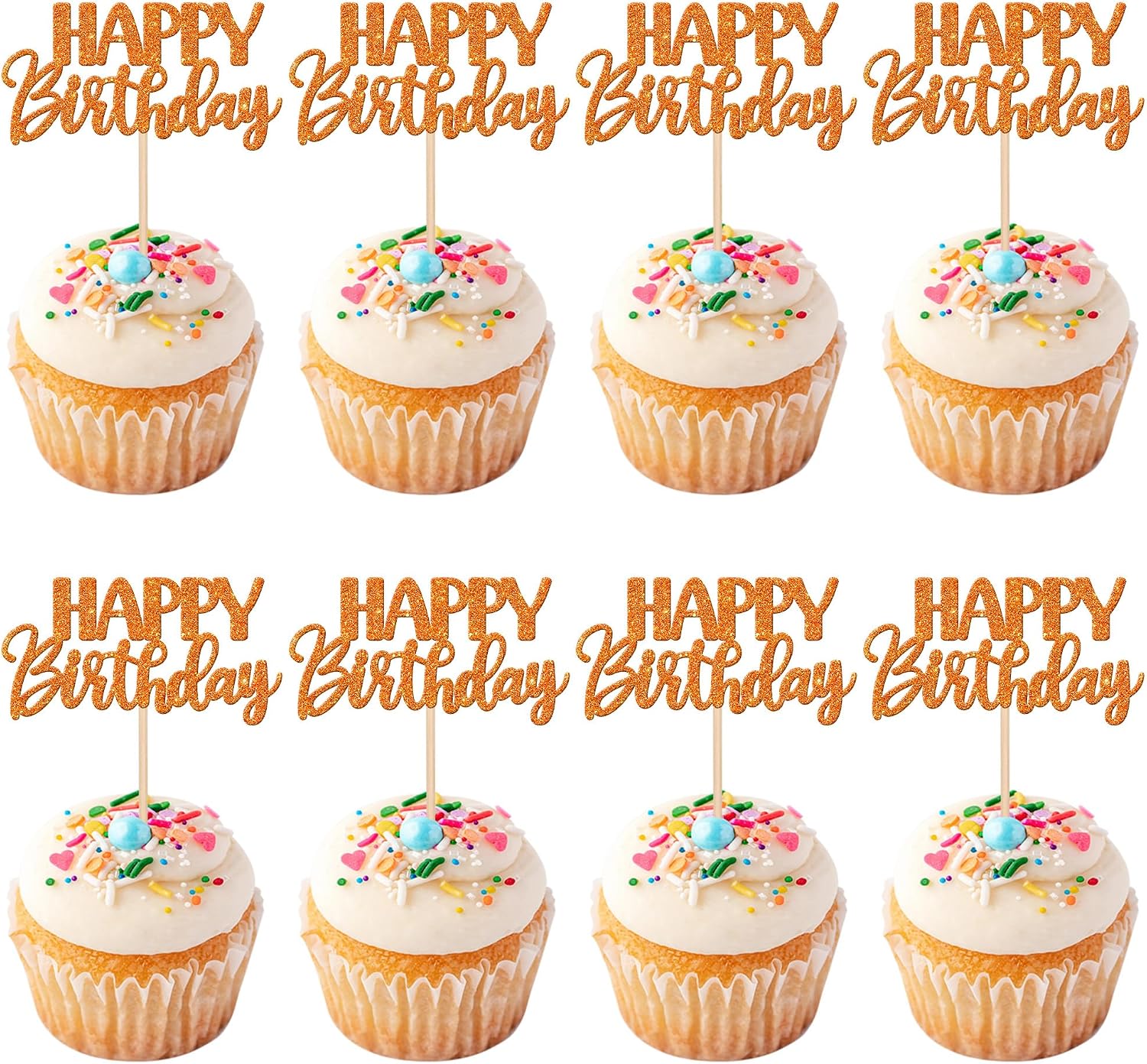 30 PCS Happy Birthday Cupcake Toppers Glitter Happy Birthday Cupcake Picks for Celebrating Birthday Anniversary Theme Party Cake Decorations Supplies Orange