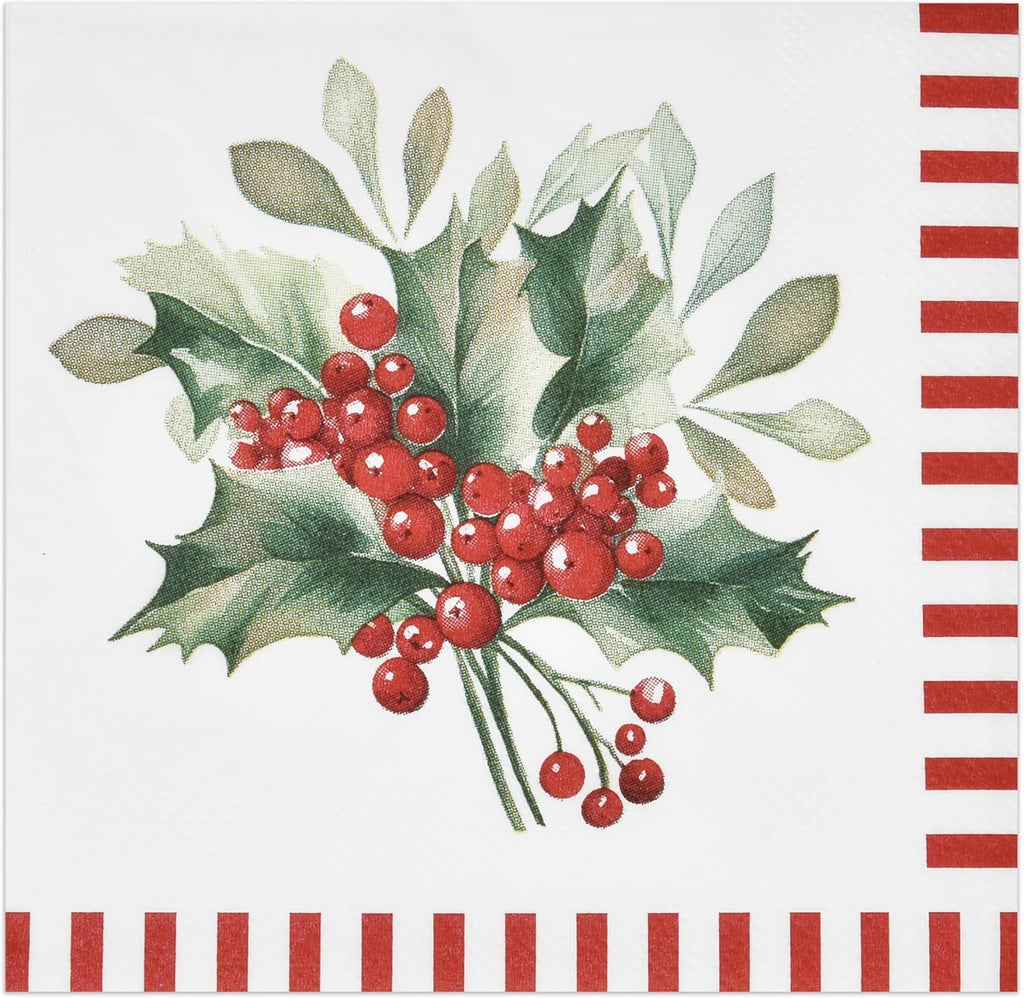 Gift Boutique 100 Count Christmas Berry Cocktail Napkins – Holiday Party Paper Napkins with Red Striped Border and Holly Berry Design for Winter Celebrations