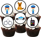 24 Police Officer Sheriff Theme Emergency Services Edible Cupcake Toppers - Stand Up Discs Wafer Cake Decorations, Emergency Services Police Birthday Party Decorations, 4cm / 1.5 inch UNCUT