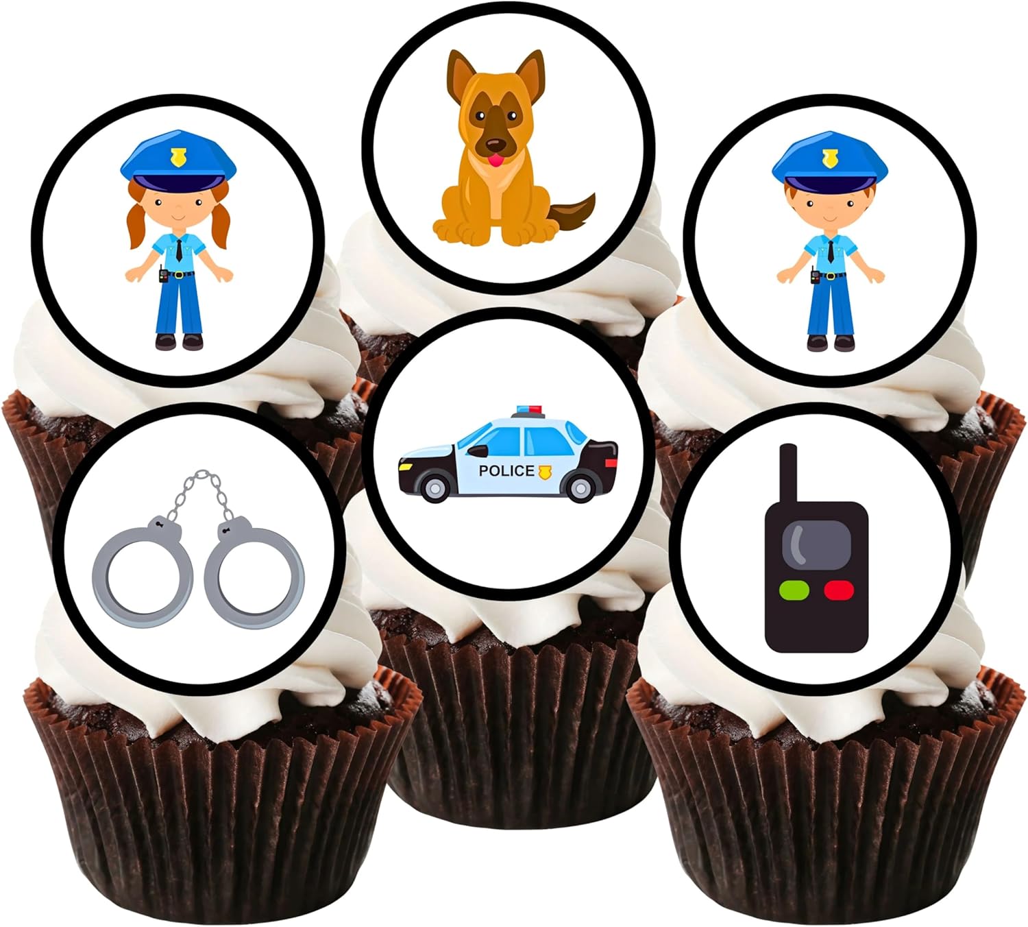 24 Police Officer Sheriff Theme Emergency Services Edible Cupcake Toppers - Stand Up Discs Wafer Cake Decorations, Emergency Services Police Birthday Party Decorations, 4cm / 1.5 inch UNCUT