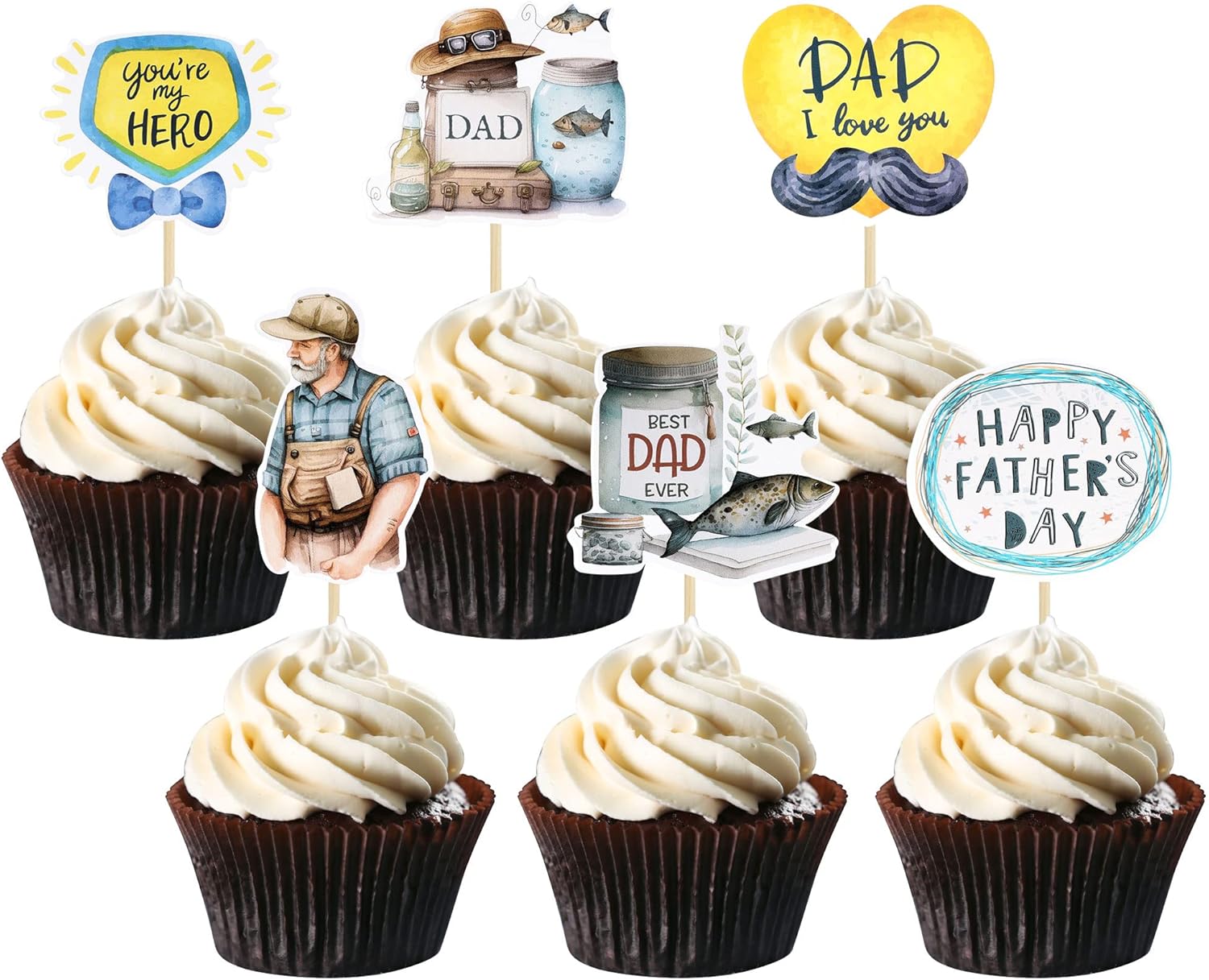 Gyufise 36Pcs Happy Father's Day Cupcake Toppers Heart Best Dad Ever Cake Topper You are My Hero Cake Decorations for Fathers Day Birthday Party Decorations Supplies