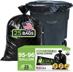 Veska 95-96 Gallon Trash Bags Heavy Duty, (ValuePack 25 Bags w/Ties) 100 Gallon Extra Large Trash Bags, 90 Gallon, 95 Gallon, 96 Gallon Heavy Duty Big Garbage Bags