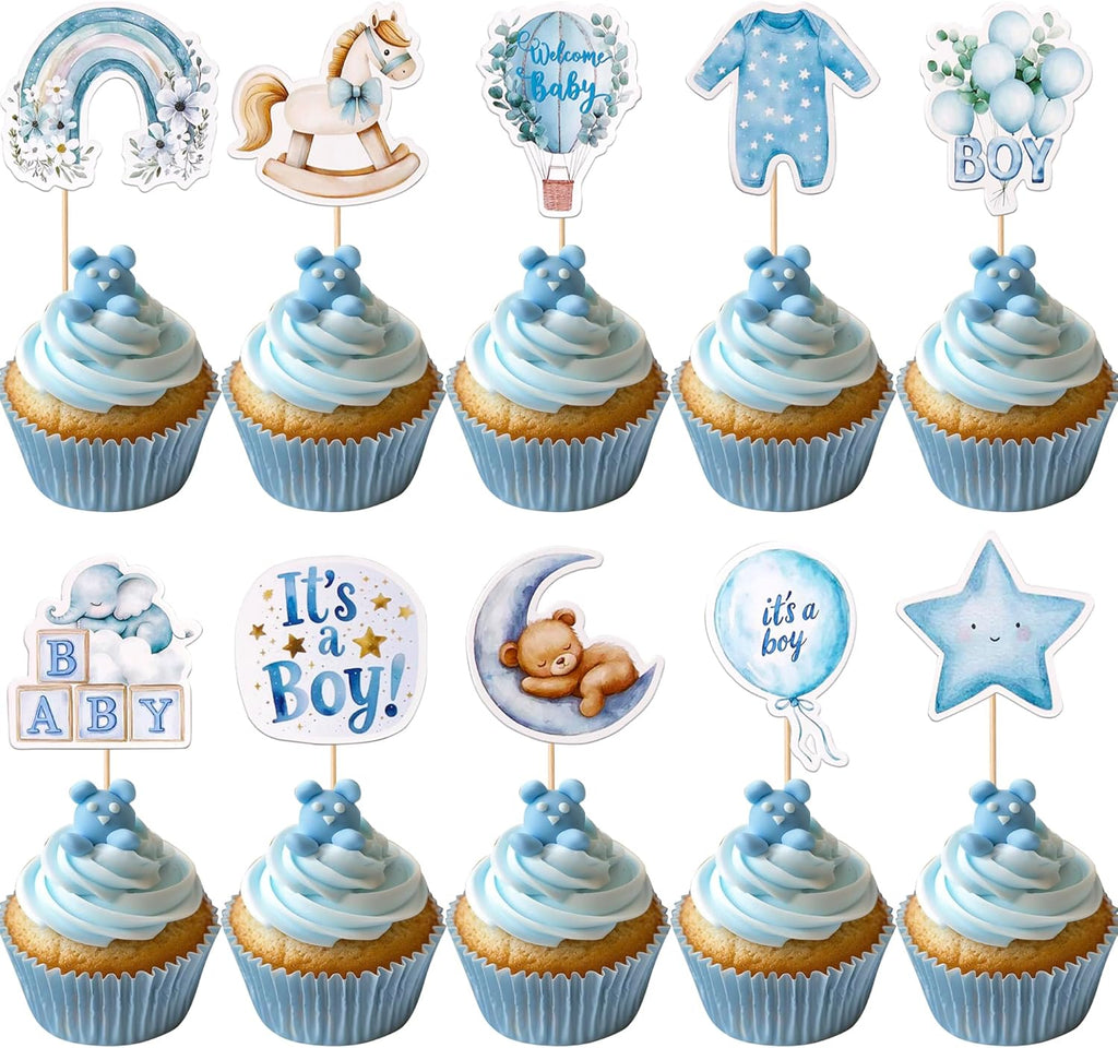 40 PCS Baby Boy Cupcake Toppers Baby Shower Decorations for Boys Rainbow Balloon Star Moon Bear It's a Boy Cupcake Picks for Baby Shower Kids Boys Birthday Party Cake Decorations Supplies Blue
