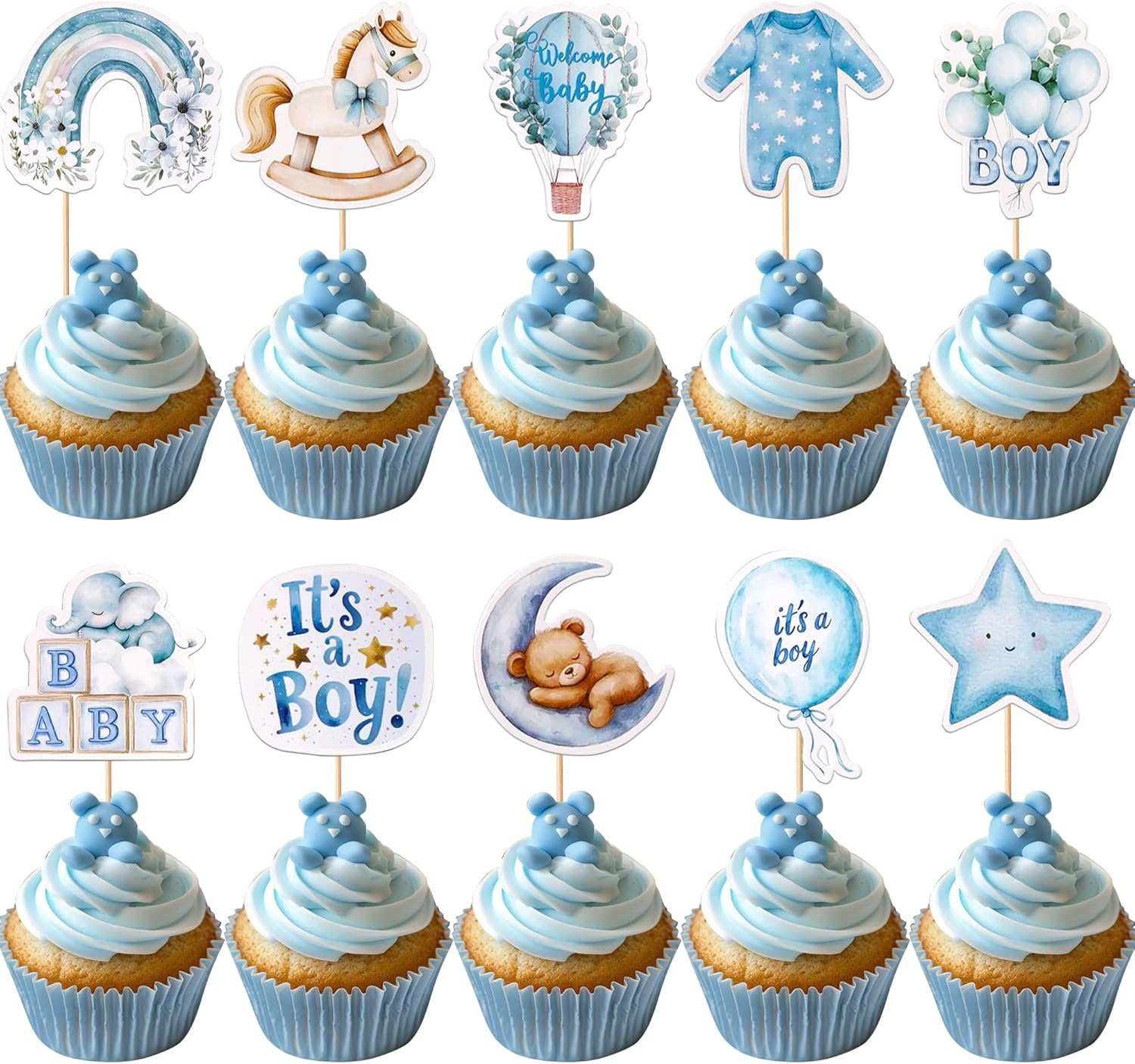 40 PCS Baby Boy Cupcake Toppers Baby Shower Decorations for Boys Rainbow Balloon Star Moon Bear It's a Boy Cupcake Picks for Baby Shower Kids Boys Birthday Party Cake Decorations Supplies Blue