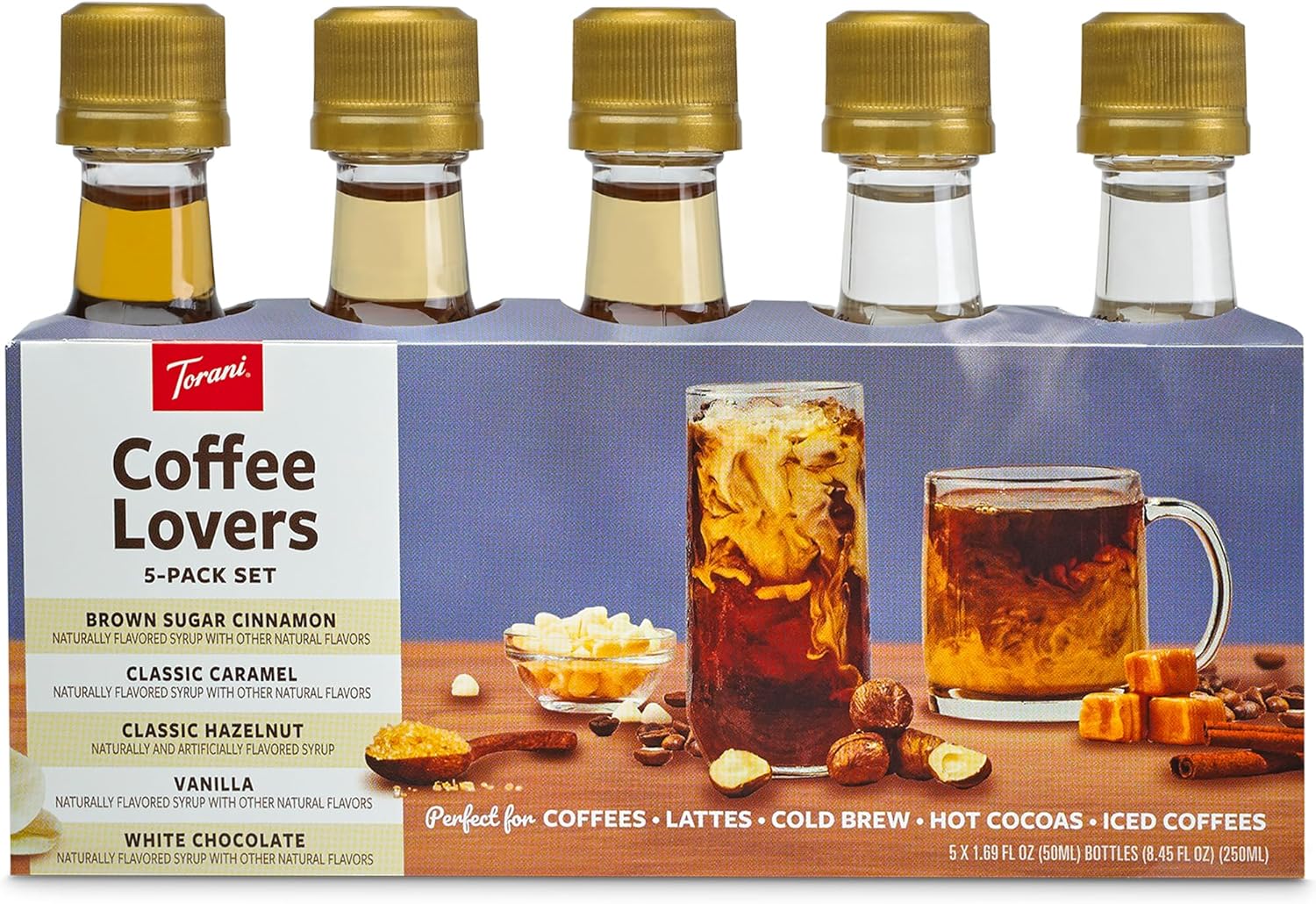 Torani Coffee Lovers Sampler 5-Pack, Mini Syrups Gift Set – Brown Sugar Cinnamon, Classic Caramel, Classic Hazelnut, Vanilla, and White Chocolate, 1.7 Oz Ea