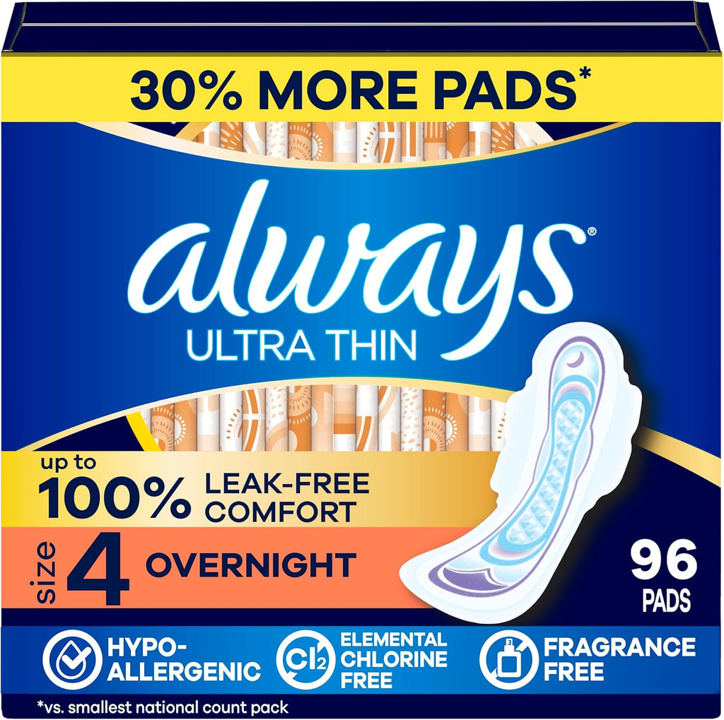 Always Ultra Thin Overnight Pads with Wings, Size 4, Overnight, 96 Count (3 Packs of 32)