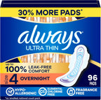 Always Ultra Thin Overnight Pads with Wings, Size 4, Overnight, 96 Count (3 Packs of 32)