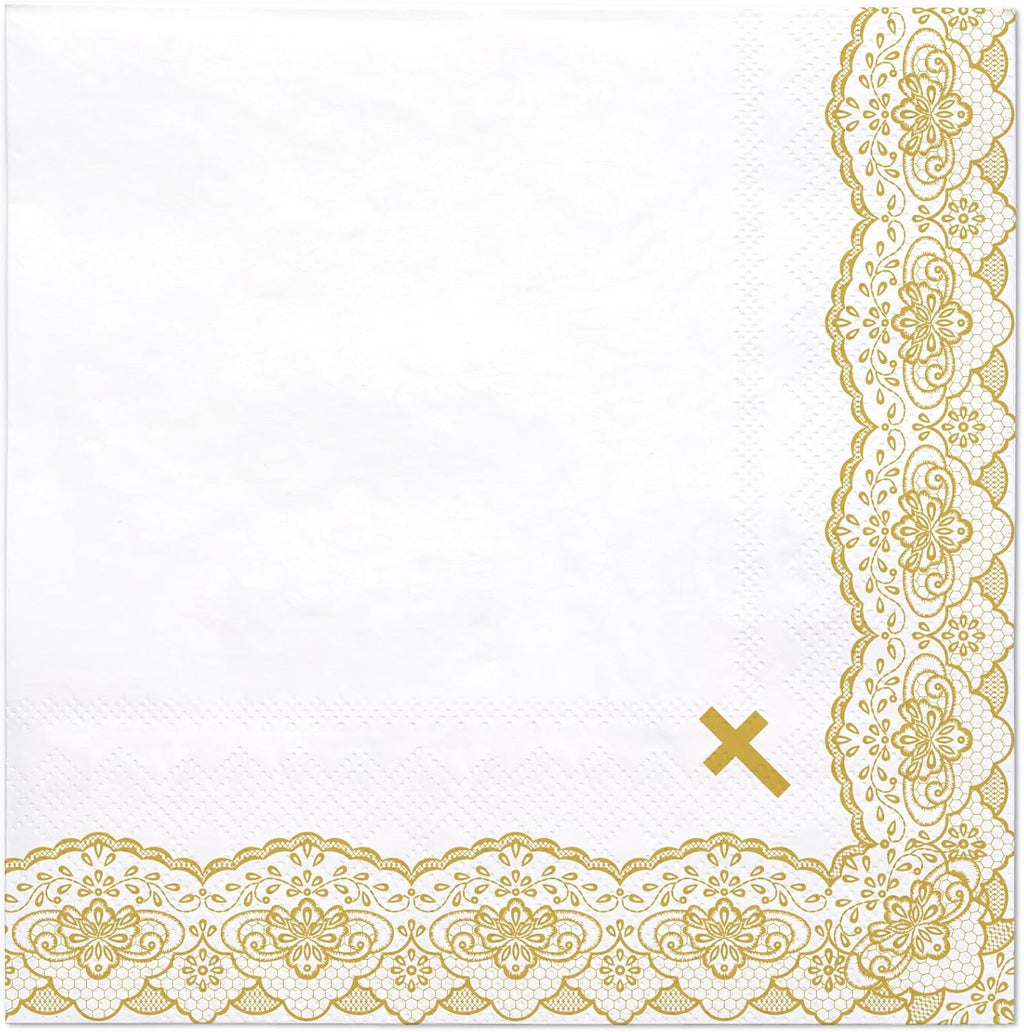 WRAPAHOLIC 50Pcs Religious Paper Napkins - 3-Ply Gold Cross Disposable Luncheon Napkins for Christening Party, Confirmation Church Party Baby Shower - 6.5 x 6.5 In