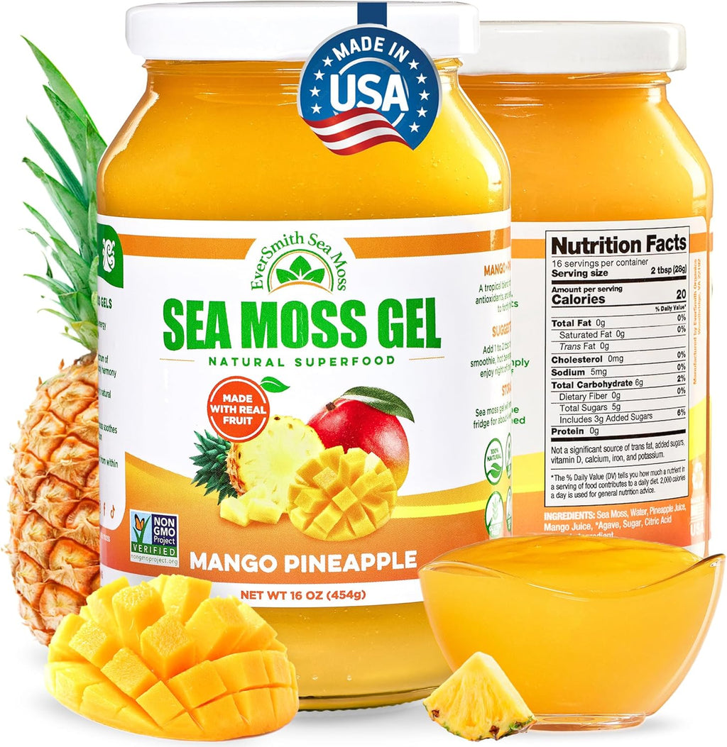 EverSmith Organics - Wildcrafted Irish Sea Moss Gel | Made in USA | Rich in Vitamins & Minerals | Sea Moss Gel Raw | Nutritional Supplement | Mango Pineapple (1 Jar)