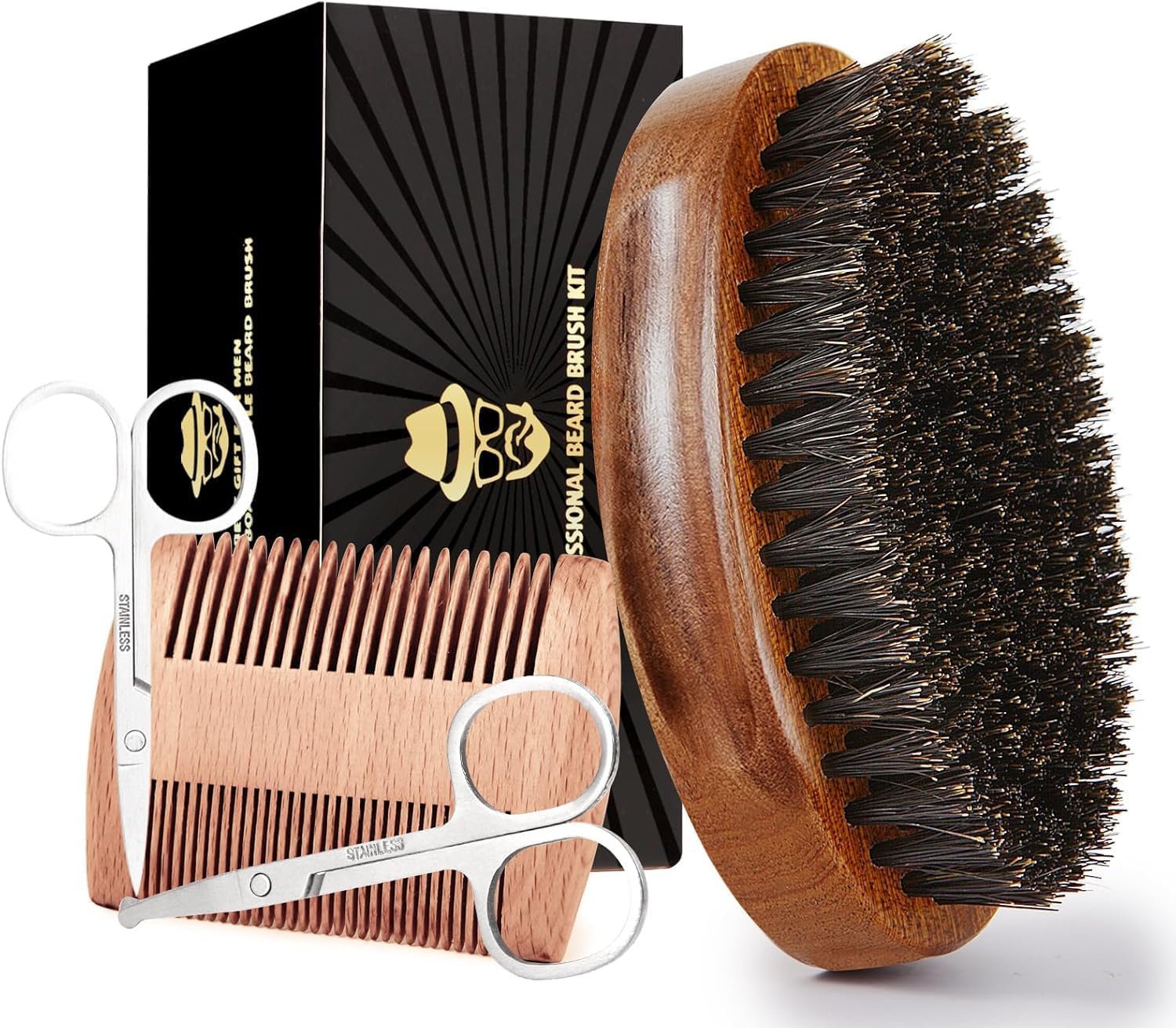 Sosoon Beard Brush for Men, 100% Pure Boar Bristle Beard Brush, Beard Grooming Set Including Beard Comb, 2 Pcs Mustache Scissors, and Travel Bag
