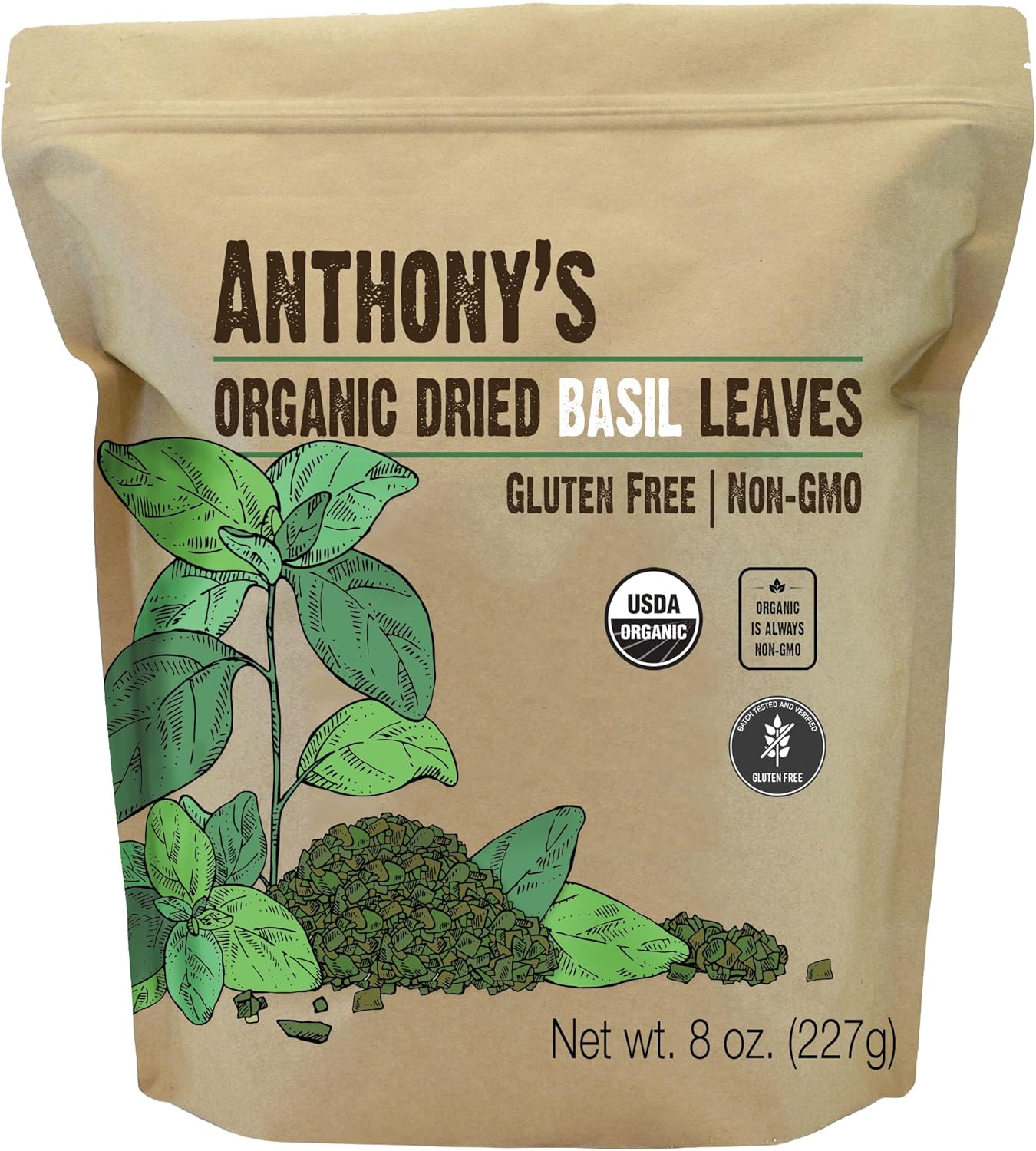 Anthony's Organic Dried Basil Leaves, 8 oz, Gluten Free, Non GMO, Cut & Sifted
