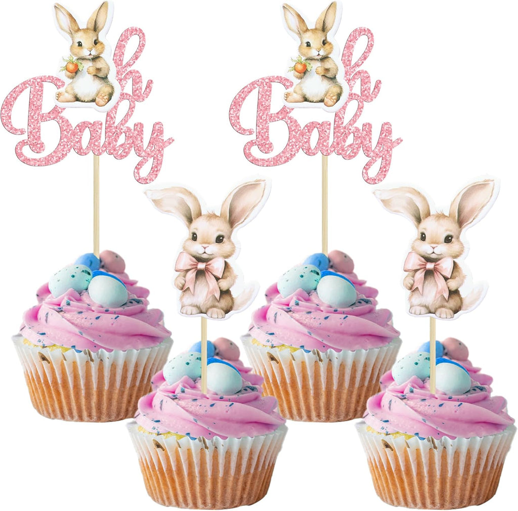 Gyufise 24Pcs Easter Bunny Oh Baby Cupcake Toppers Bunny Baby Shower Cupcake Pick Decorations for Easter Theme Spring Birthday Baby Shower Party Supplies Pink
