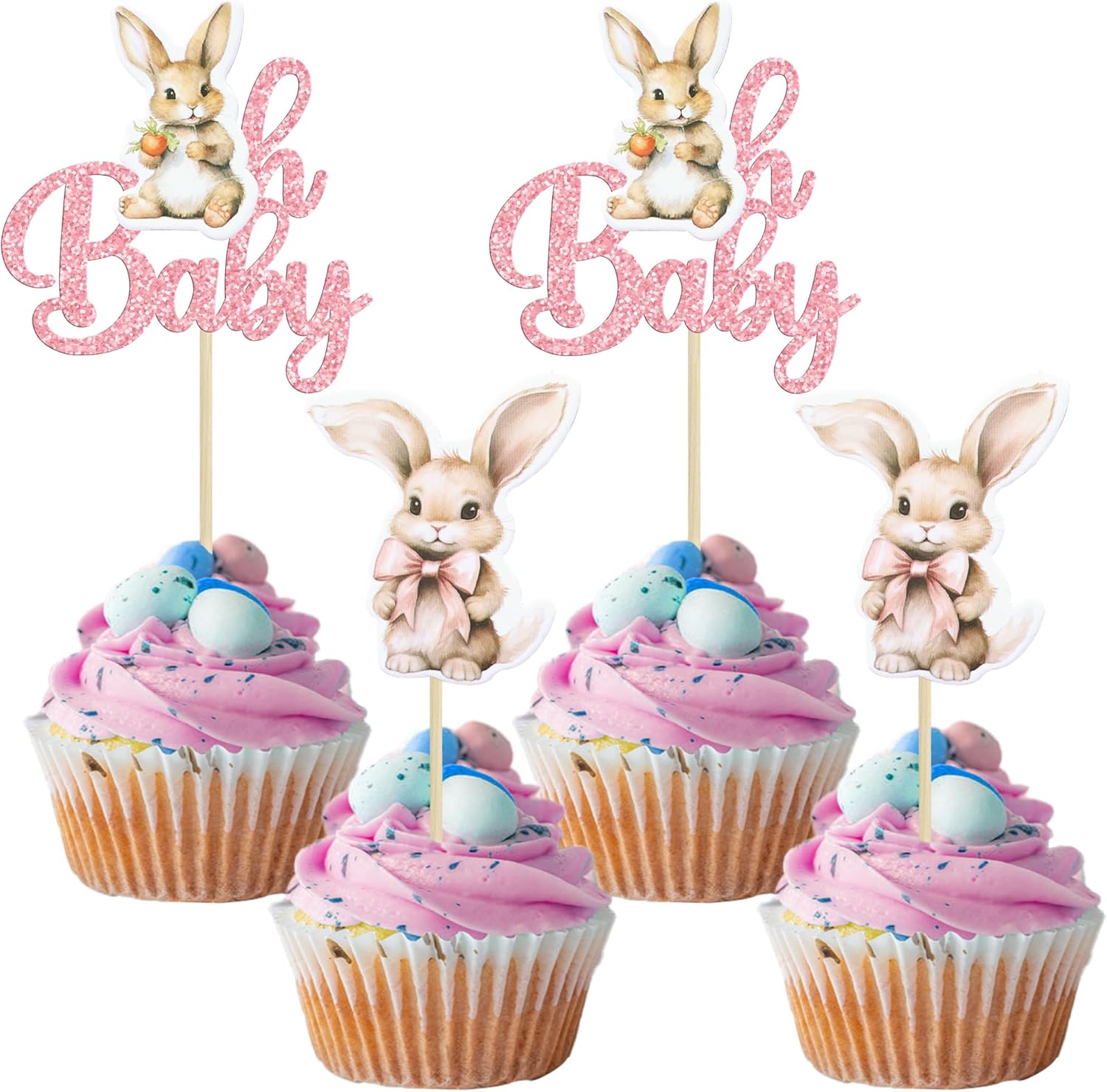 Gyufise 24Pcs Easter Bunny Oh Baby Cupcake Toppers Bunny Baby Shower Cupcake Pick Decorations for Easter Theme Spring Birthday Baby Shower Party Supplies Pink