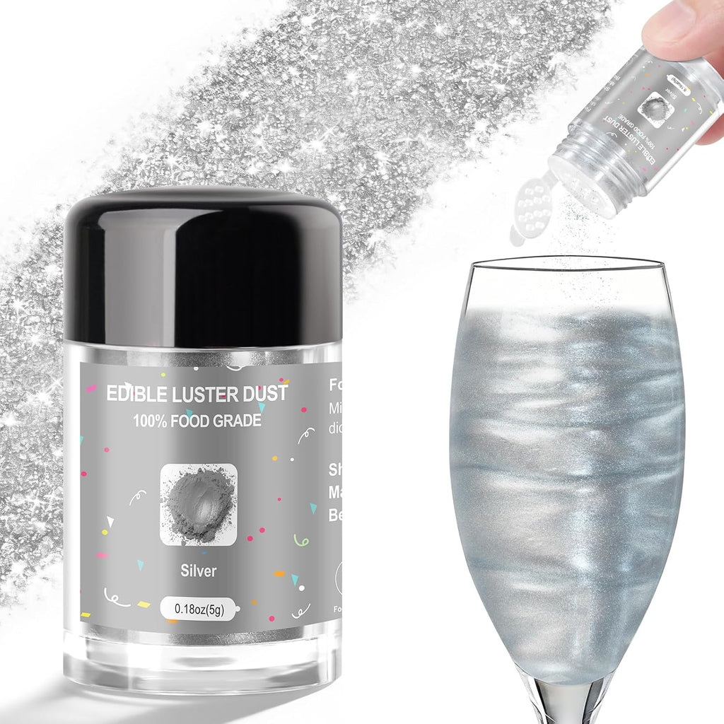 CRPTHE Silver Luster Dust Edible 5g, Edible Glitter for Drinks, Food Grade Glitter Shimmer Sprinkle Powder for Cocktails, Baking, Beverages, Cakes, Strawberries, Cookies, Fondant, Vegan