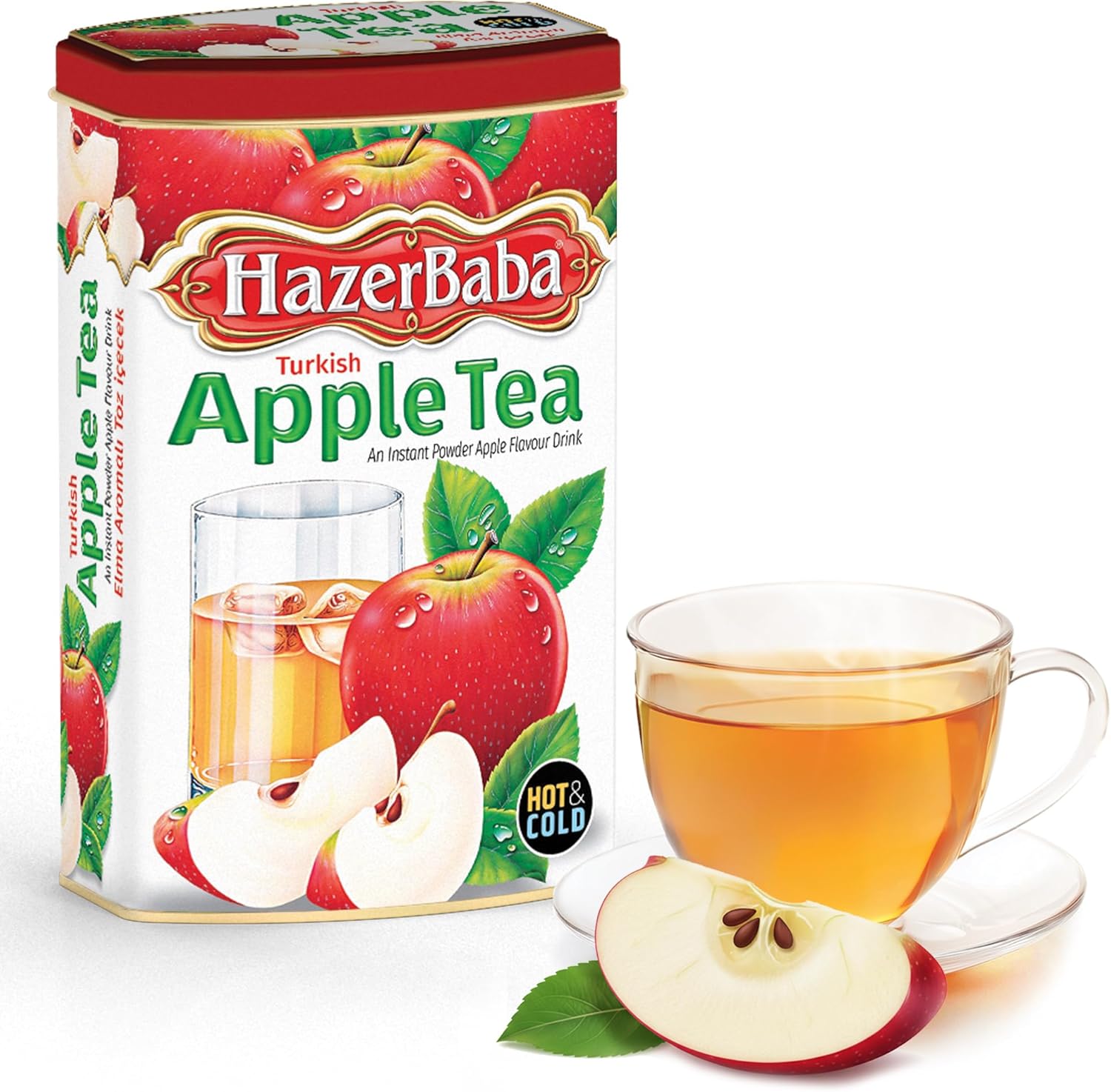 Hazer Baba Instant Drink Mix with Red Apple Flavor, Tin Box, 8.8oz (Pack of 1), Fruity Natural Powder, Quick Hot or Cold, Water Enhancer, Smoothie, Vegan, Kosher, Halal, Caffeine-Free