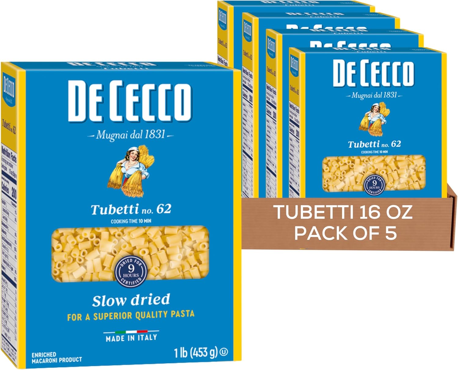 De Cecco Tubetti No. 62 Pasta, 16 Oz (Pack of 5), Authentic, Slow Dried, Made with Durum Wheat, Versatile Pasta for Sauces & Recipes, Made in Italy