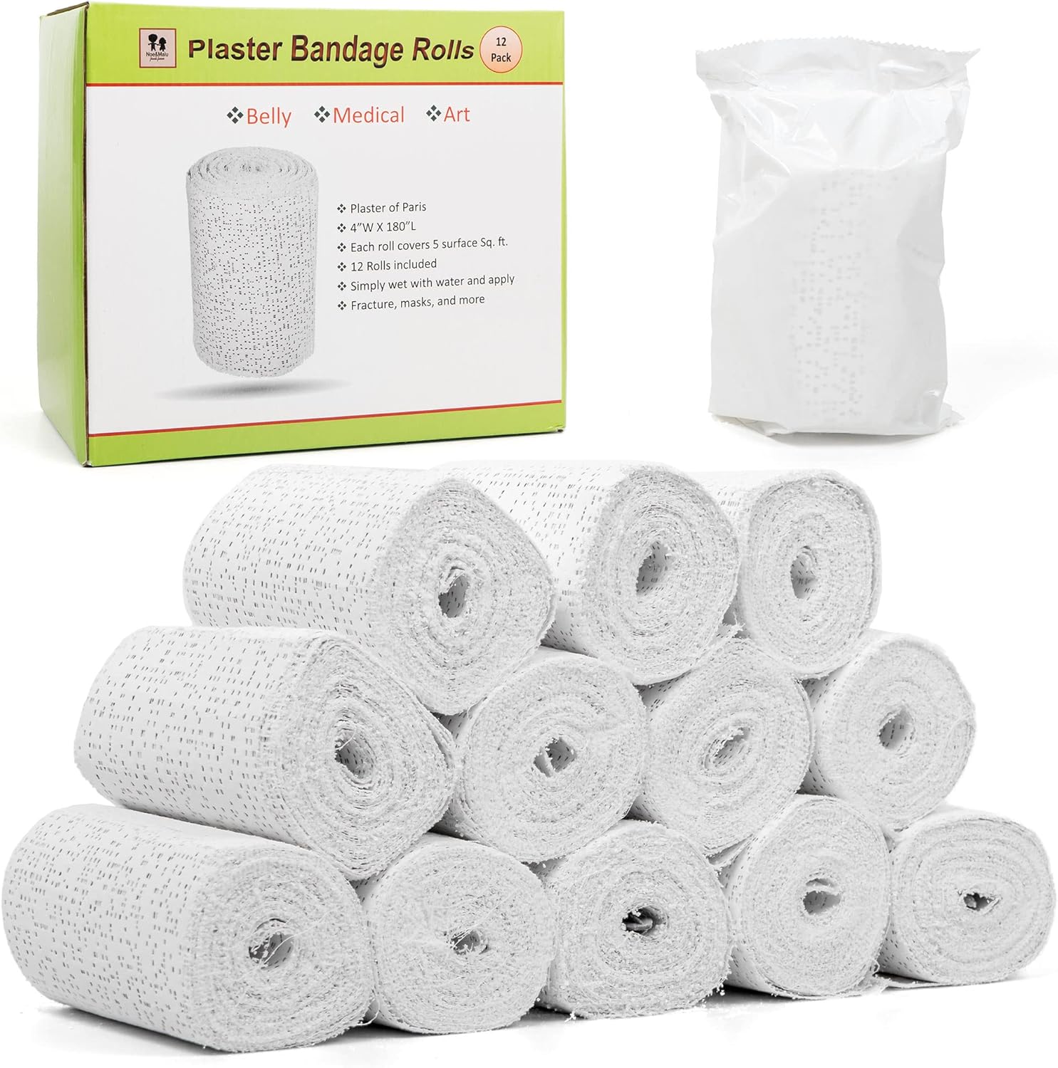 Noe & Malu 12pc Plaster of Paris Rolls - Fast Setting Gauze for Mache, Belly Casting, & Sculptures | Art and Craft Bandages, Wraps, Masks