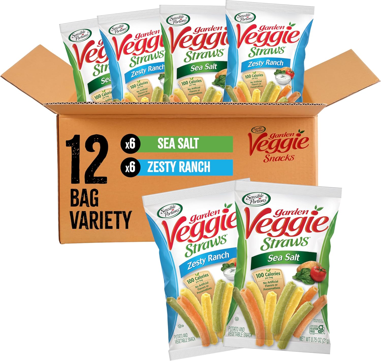 Sensible Portions Veggie Straws Multi-Pack, Sea Salt & Zesty Ranch, Kid Snacks, Veggie Snacks, 0.75 oz Bag (Pack of 12)