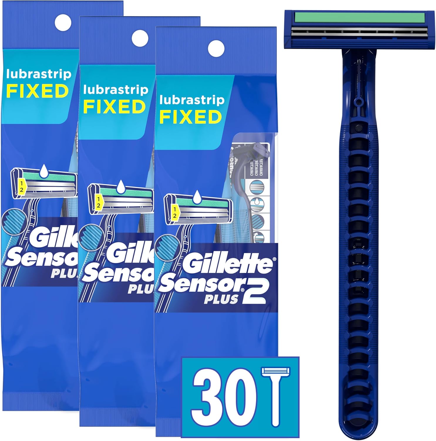 Gillette Sensor2 Plus Fixed Men's Disposable Razor, 10 Count (Pack of 3) Blue