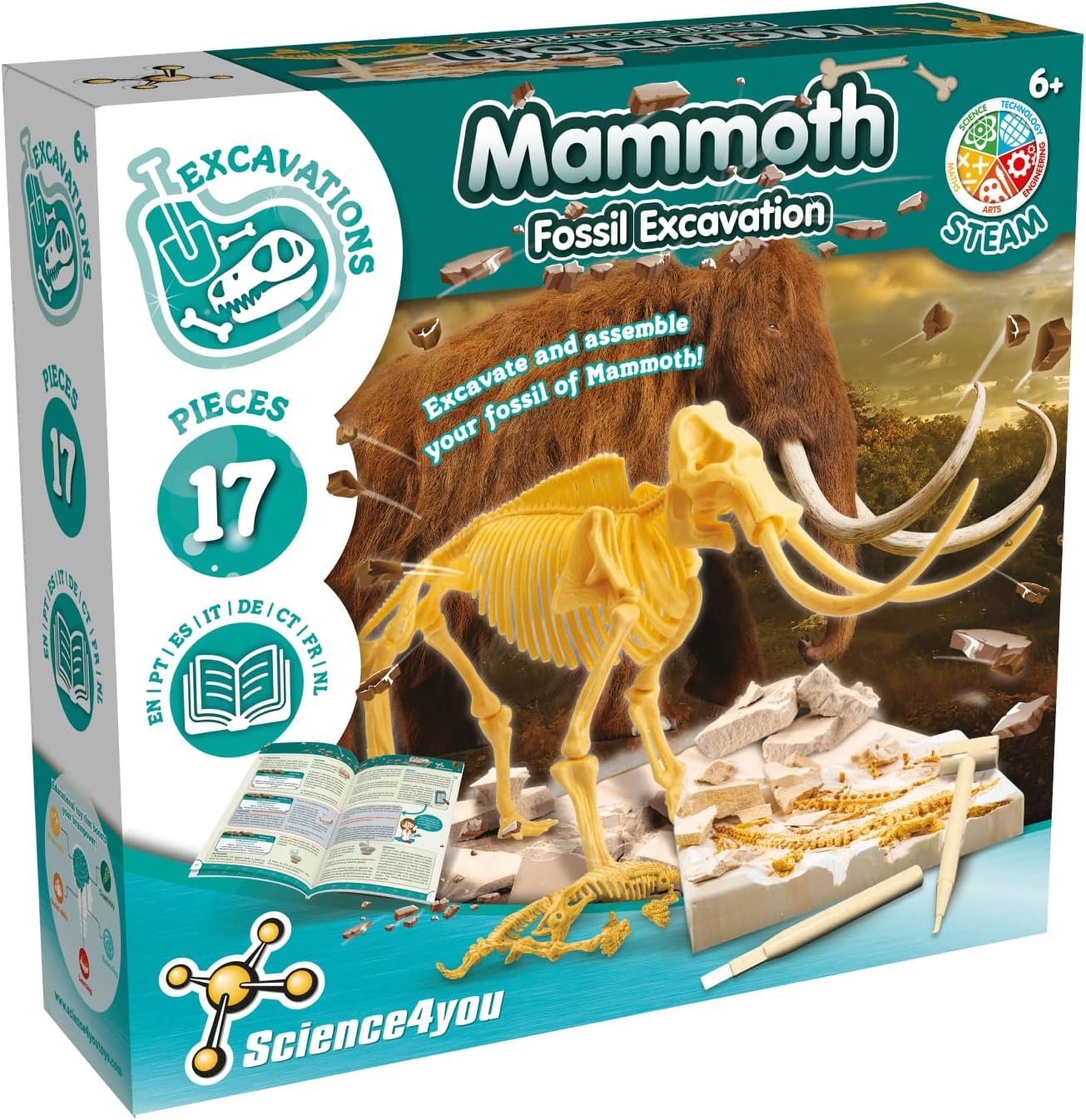Science4you Mammoth Dinosaur Fossil Digging Kit - Excavate and Assemble 17 Mammoth Dino Bones - Ideal Dinosaur Excavation Kit, Archeology and Paleontology Sets Toy, Dino Gifts for Kids Age 6 7 8 9 10+
