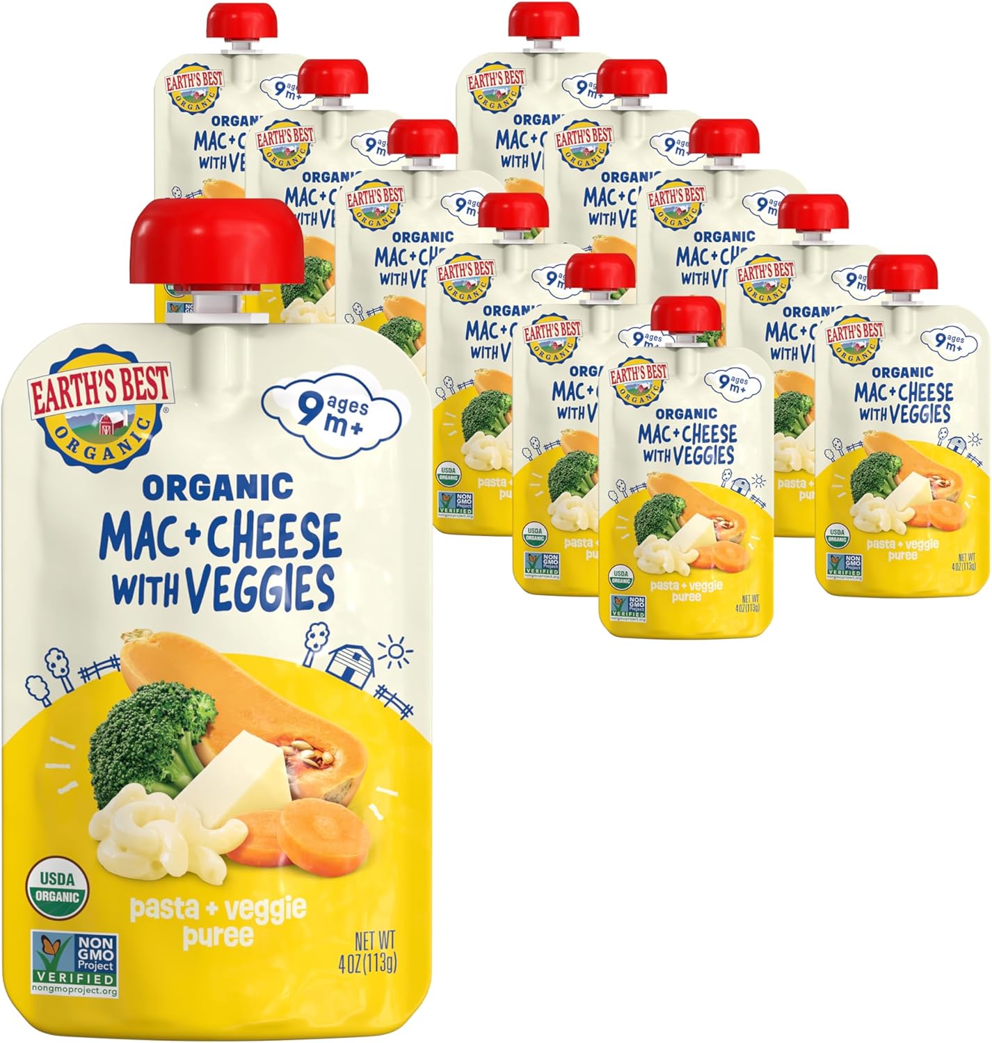 Earth's Best Organic Baby Food Pouches, 9+ Months, Pasta and Vegetable Puree for Babies 9 Months and Up, Organic Mac and Cheese with Veggies, 4 Ounce Resealable Pouch (Pack of 12)