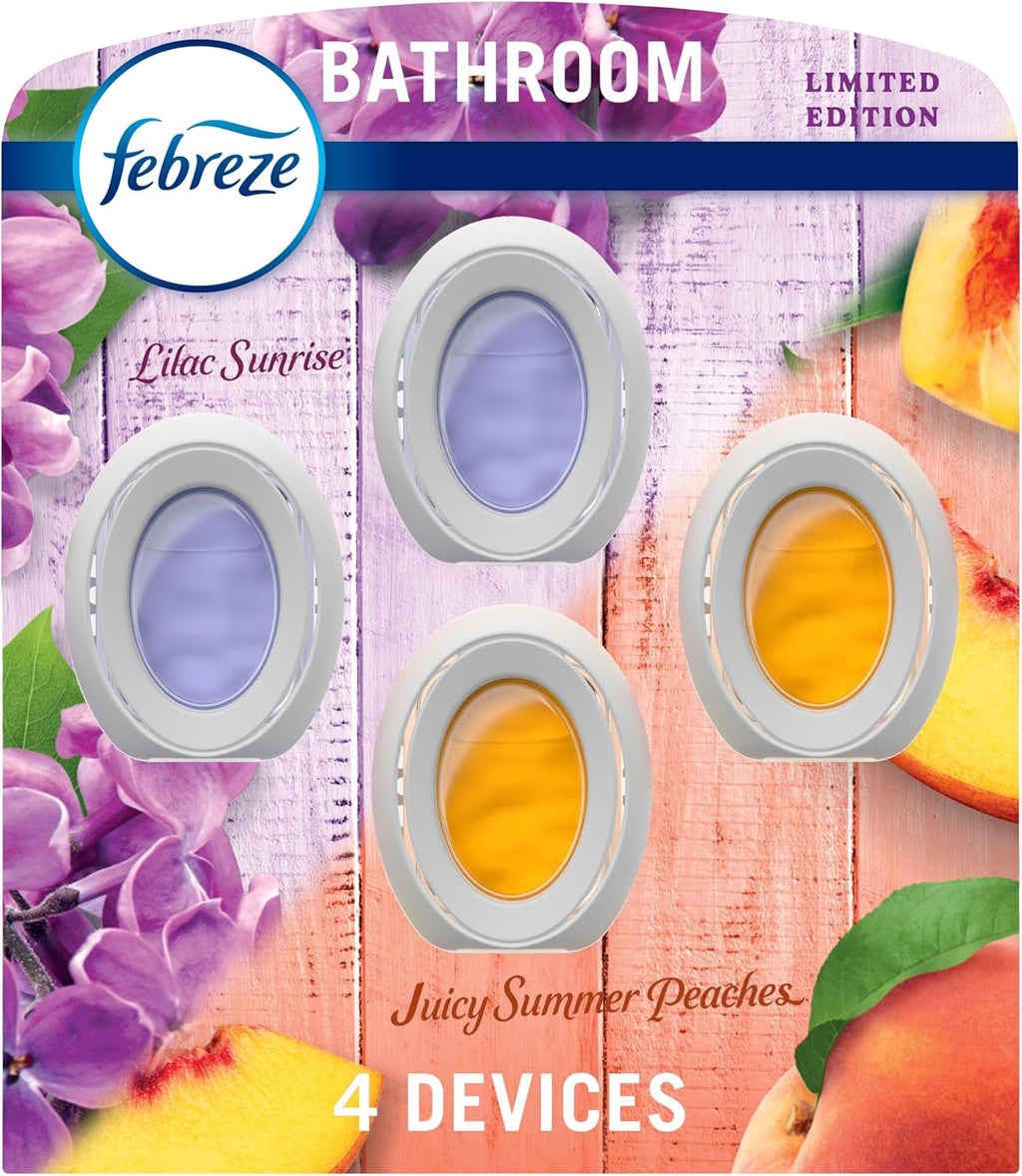 Febreze Small Spaces Air Freshener, Odor-Fighting, Plug In Alternative, Air Fresheners for Home and Bathroom and Kitchen, Closet Air Fresheners, Lilac Sunrise and Juicy Summer Peaches Scent, 4 Count