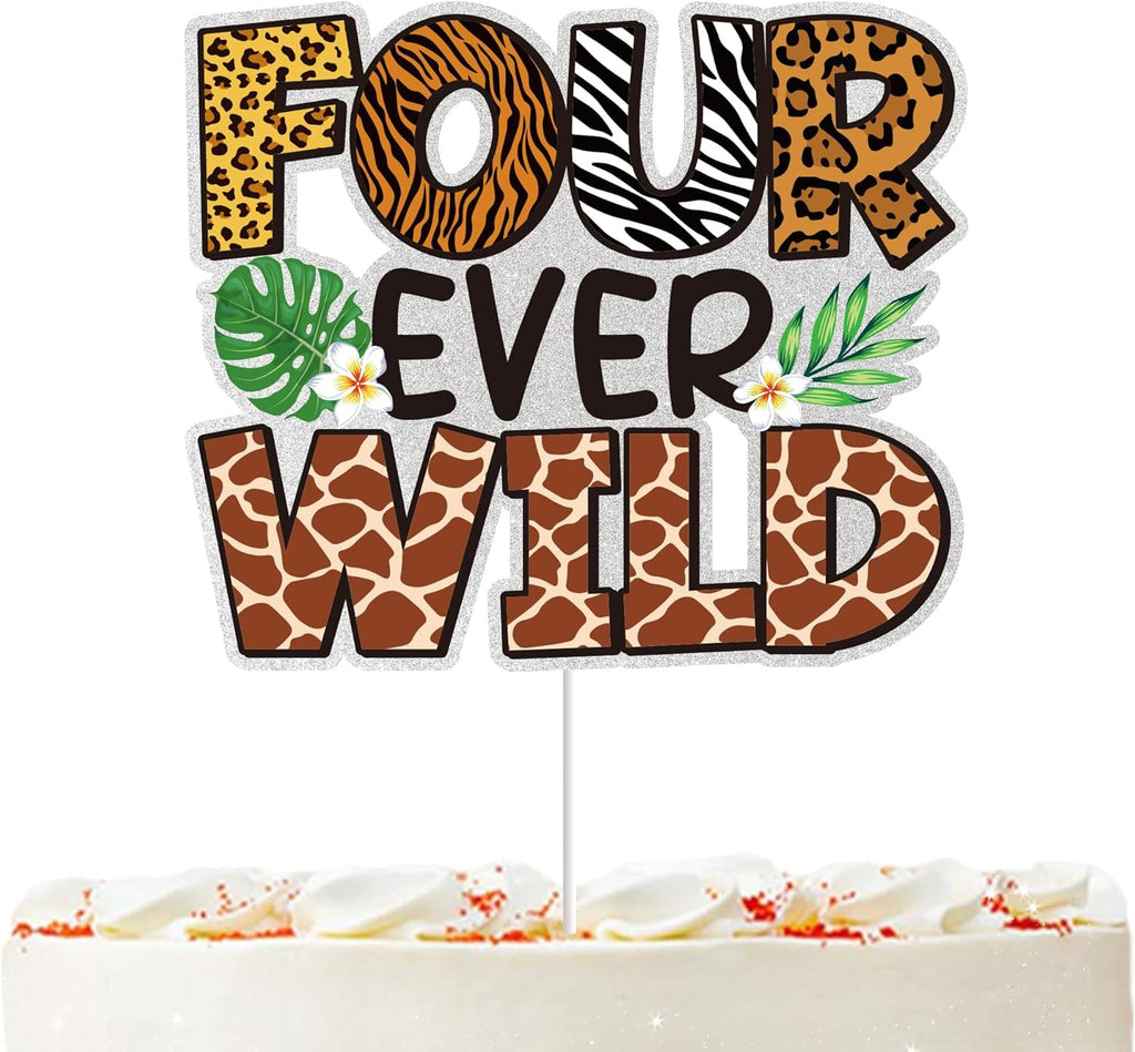 Four Ever Wild Cake Topper Jungle Safari Theme 4th Birthday Party Decorations Fourth Birthday Cake Topper Animal Giraffe Tiger Zebra Leopard Cake Decor