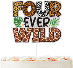 Four Ever Wild Cake Topper Jungle Safari Theme 4th Birthday Party Decorations Fourth Birthday Cake Topper Animal Giraffe Tiger Zebra Leopard Cake Decor