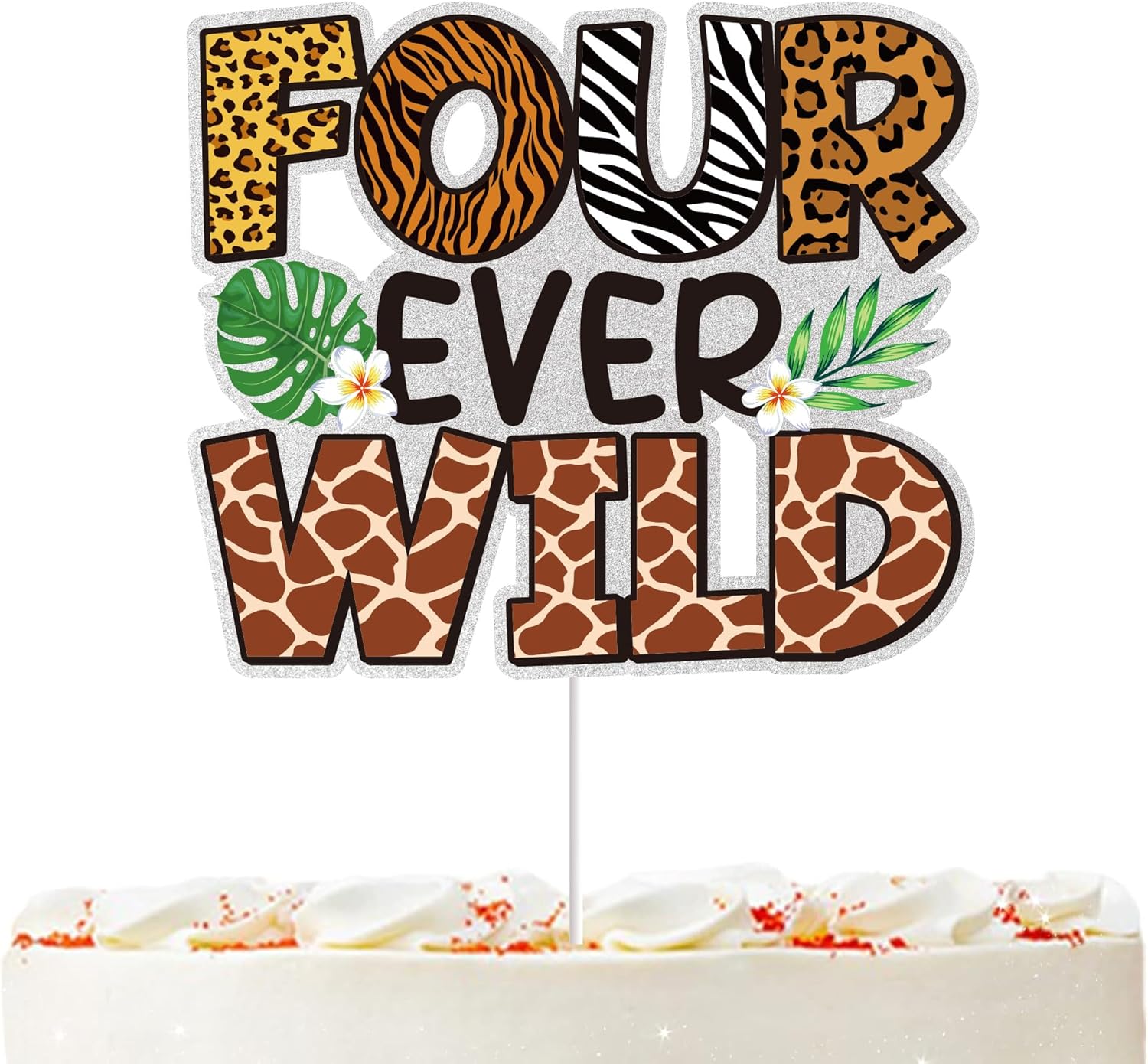 Four Ever Wild Cake Topper Jungle Safari Theme 4th Birthday Party Decorations Fourth Birthday Cake Topper Animal Giraffe Tiger Zebra Leopard Cake Decor