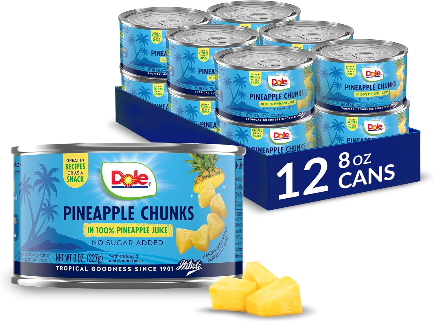 Dole Pineapple Chunks in 100% Pineapple Juice with No Sugar Added - Dole Canned Fruit - 8 oz Cans - 12 Pack