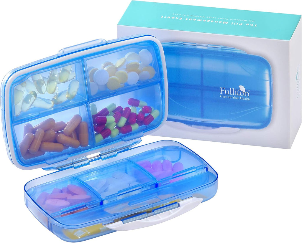 Travel Pill Organizer Large Portable Medication Organizer, Fullicon Oversize 8 Compartment Pill Box, Vitamin Travel Case Pill Holder - Airtight & Moistureproof (Blue)