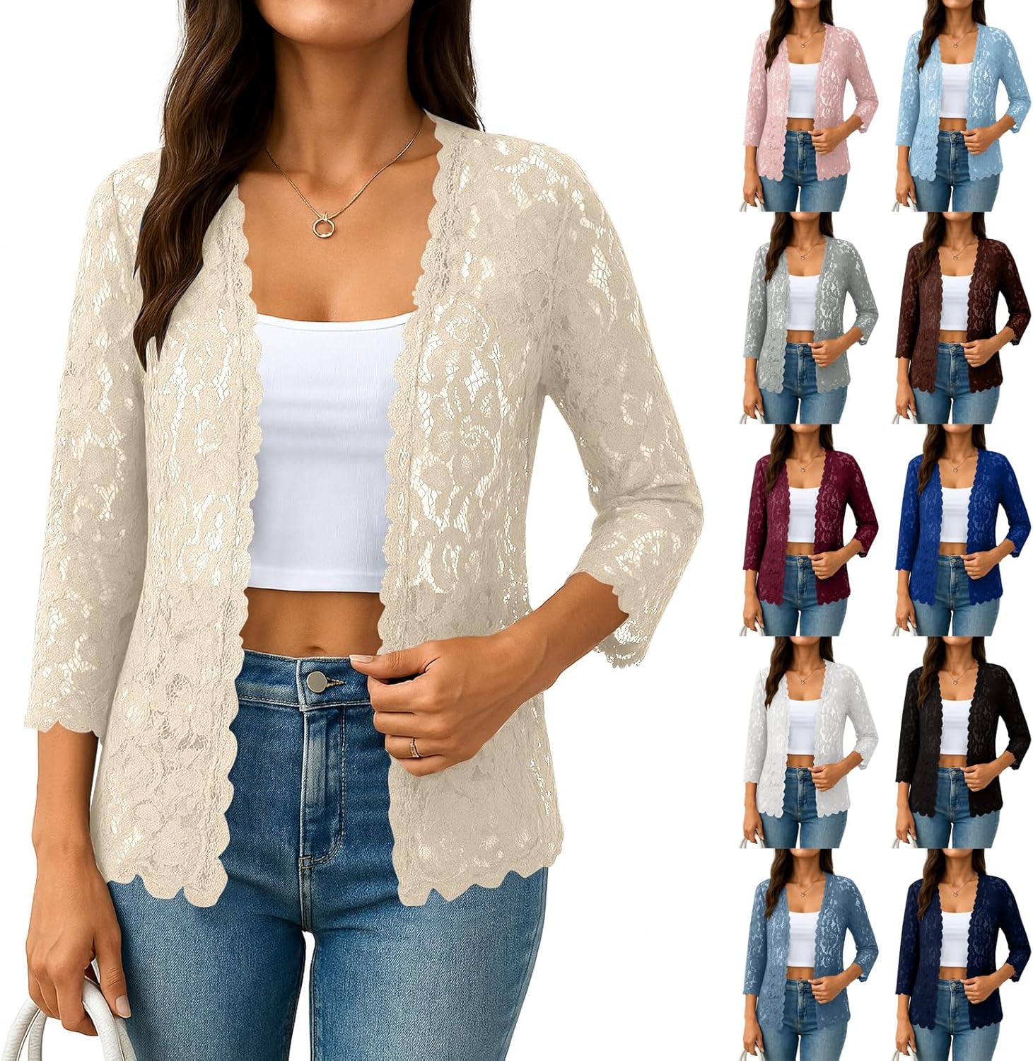 Spring Cardigans for Women 2026 Lightweight 3/4 Sleeve Crochet Lace Cardigan Dressy Casual Open Front Bolero Shrug