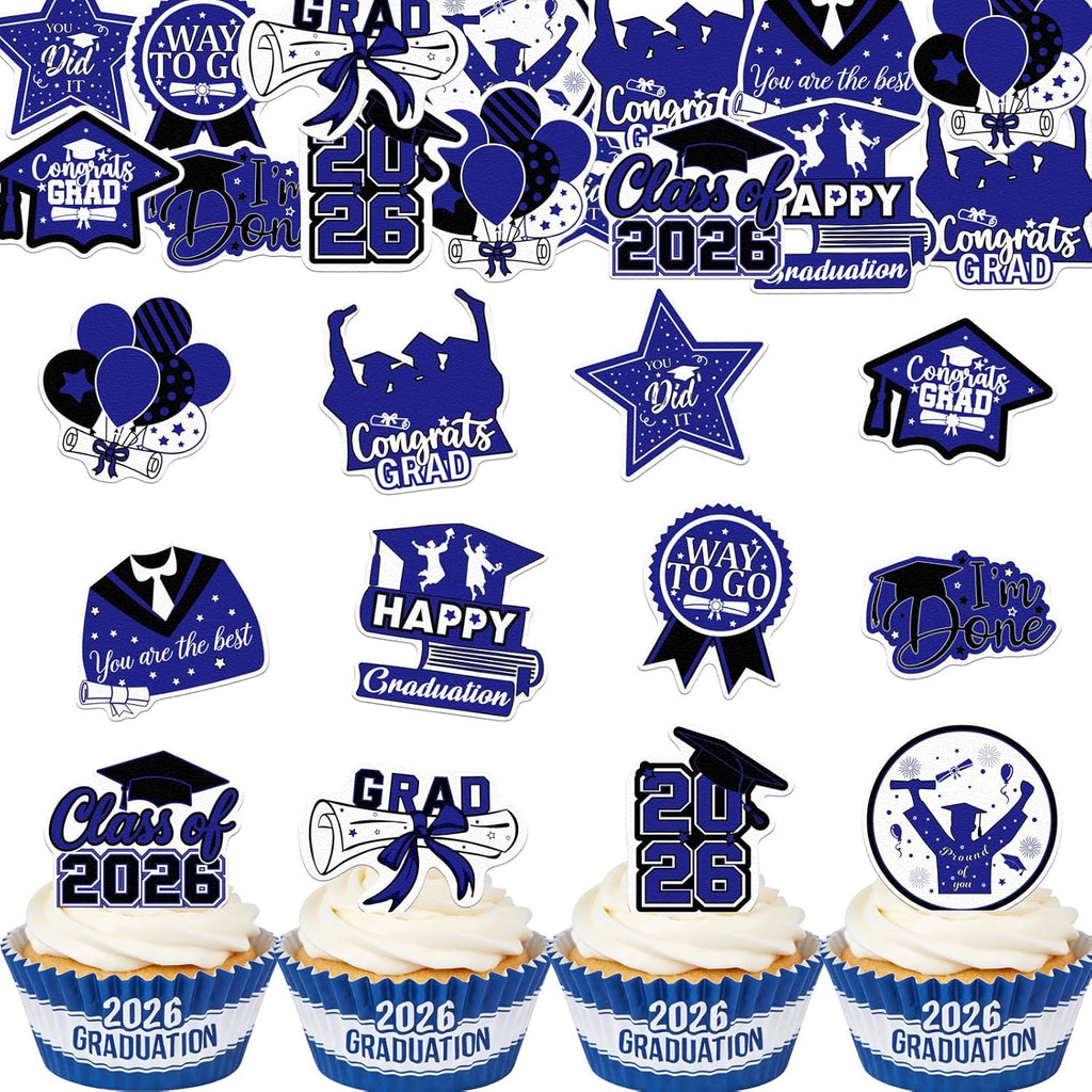 48pcs Edible 2026 Graduation Cupcake Toppers Wafer Paper Blue Class of 2026 Cake Decorations Edible Congrats Grad Cupcake Picks for 2026 Graduation Theme Party Cake Supplies