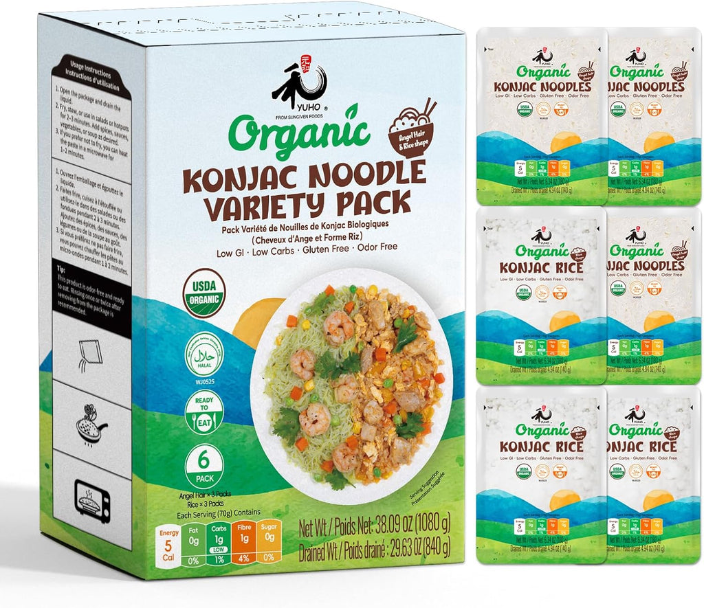YUHO Organic Konjac Shirataki Variety Pack Low Carb Pasta 38.09 Oz (1080 g) USDA Organic Healthy Angel Hair and Rice(6 Pack Inside) Keto and Paleo Friendly Low Calorie Sugar Free Vegan Ready to Eat
