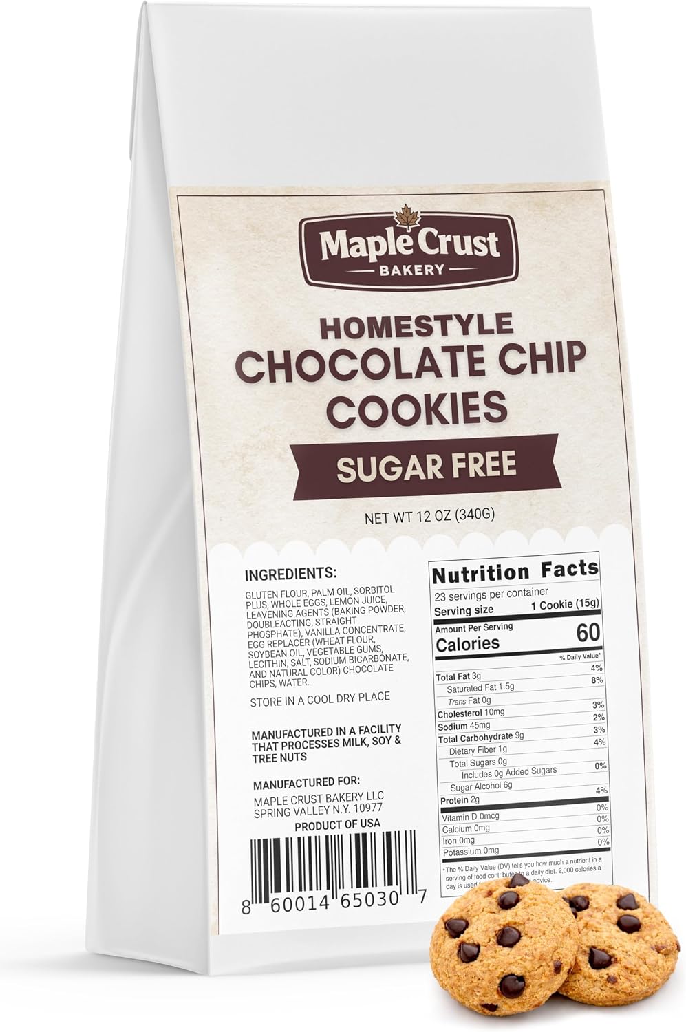 Sugar Free Homestyle Chocolate Chip Cookies - 12 oz Resealable Bag, Classic Bakery-Style Cookies with Rich Chocolate Chips, No Added Sugar Treat